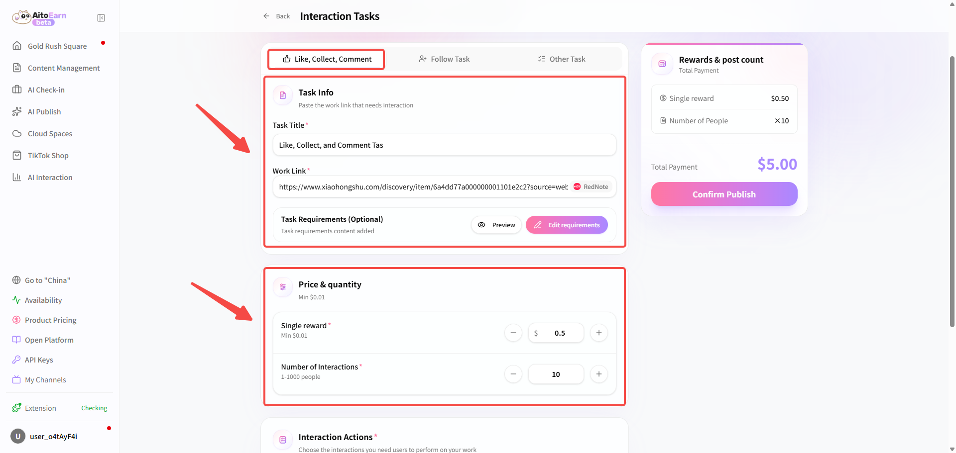 Configure a like, save, or comment task