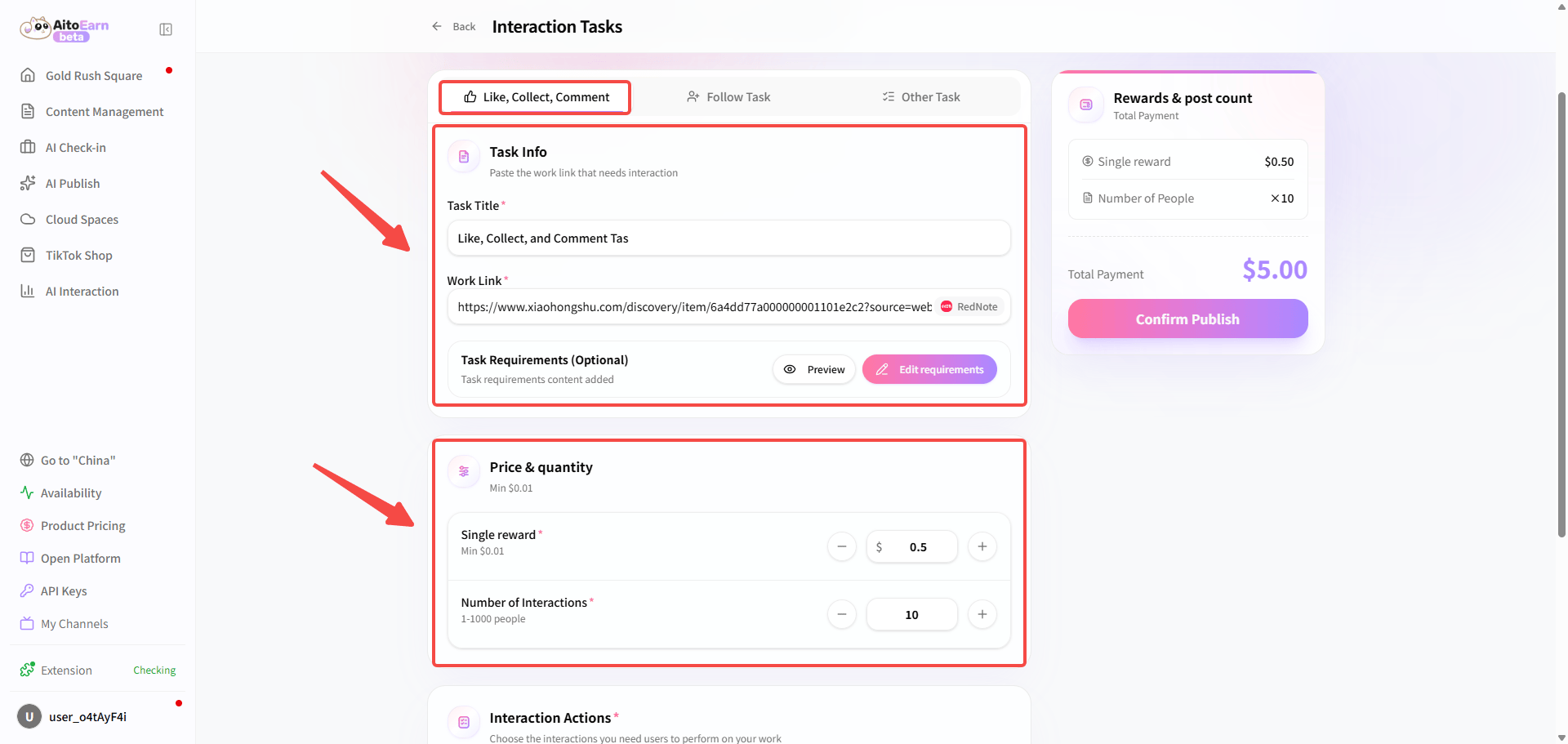 Configure a like, save, or comment task