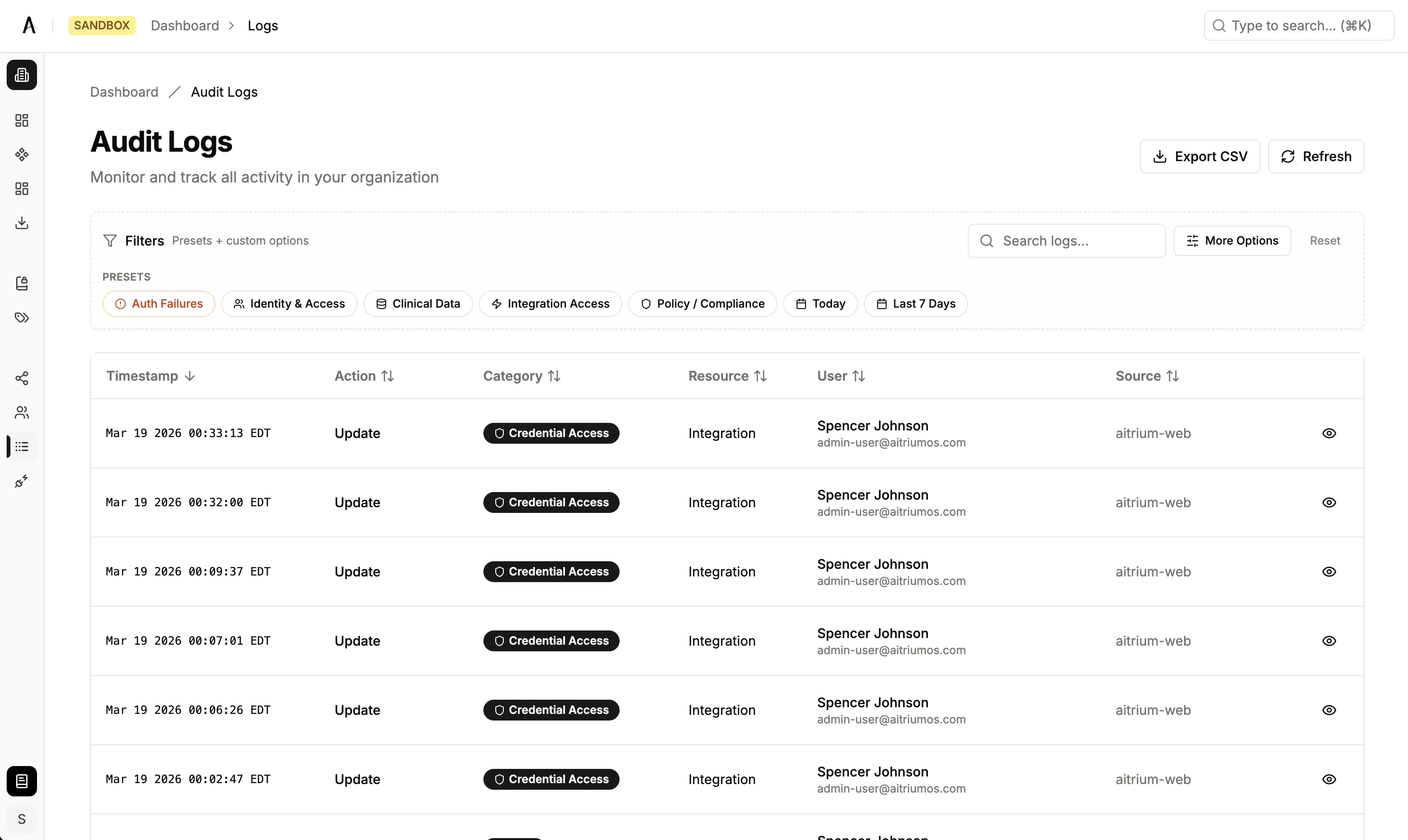 Audit log table showing timestamped events with category badges