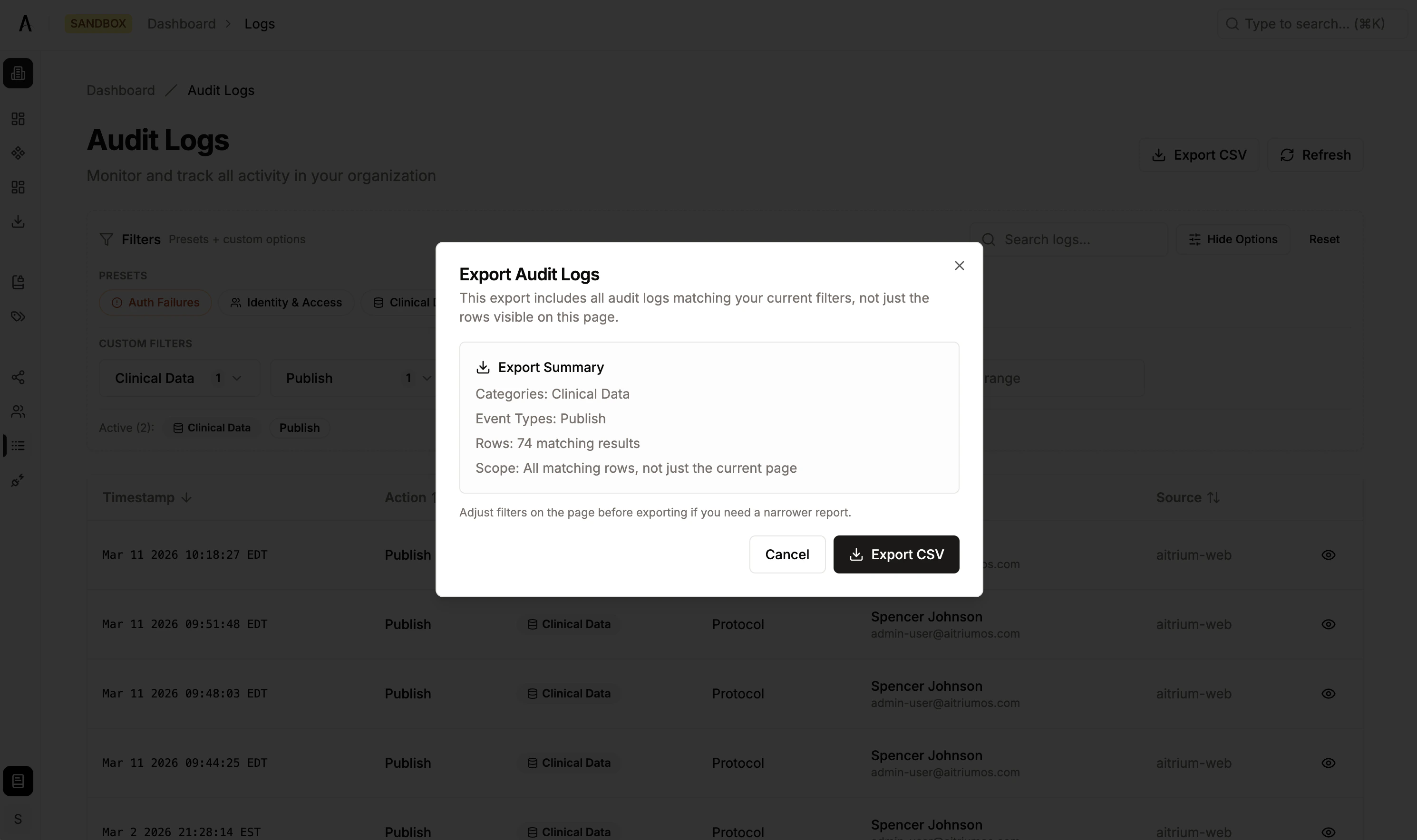 Export dialog showing row count and active filter summary