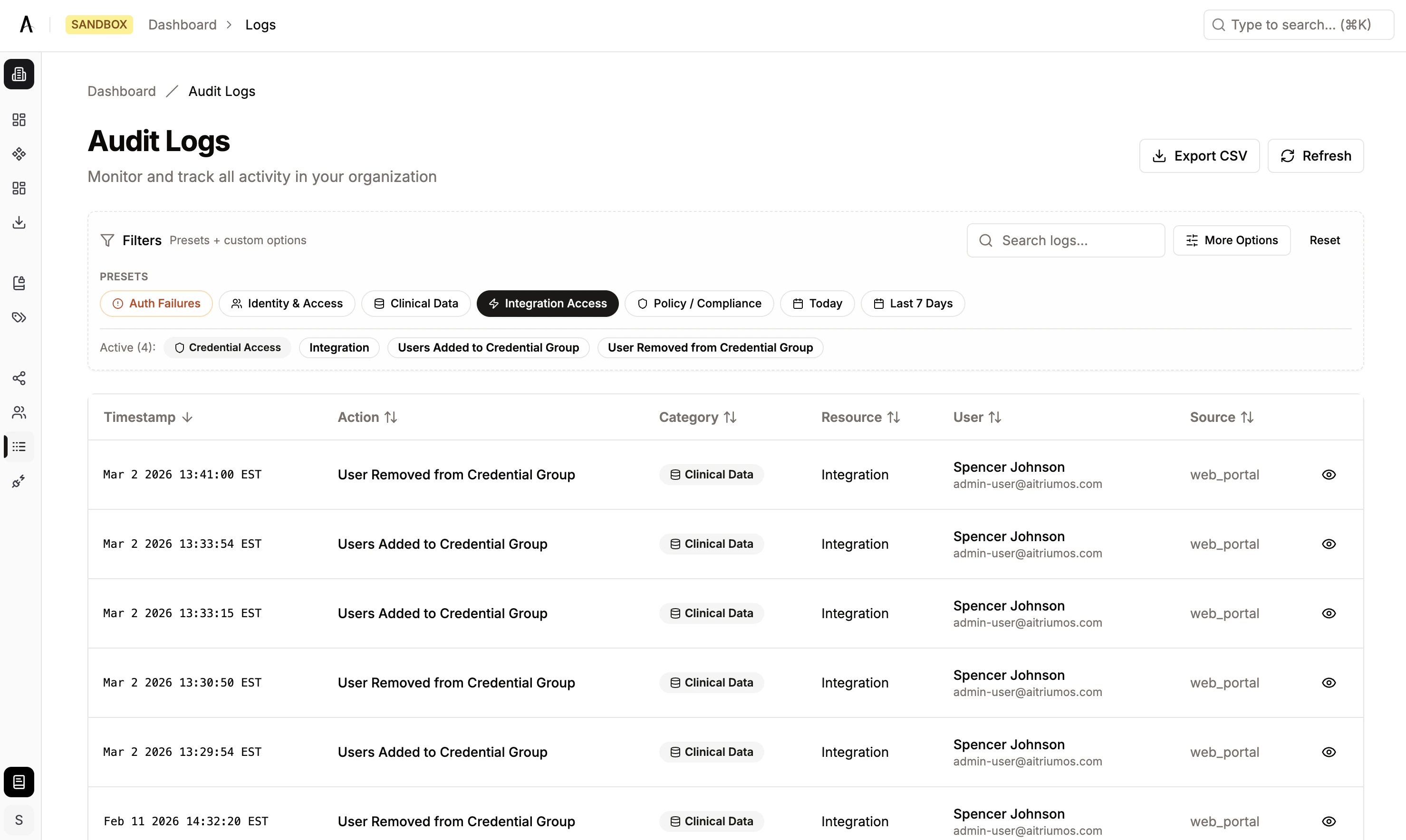 Filter preset buttons for quick access to common audit views