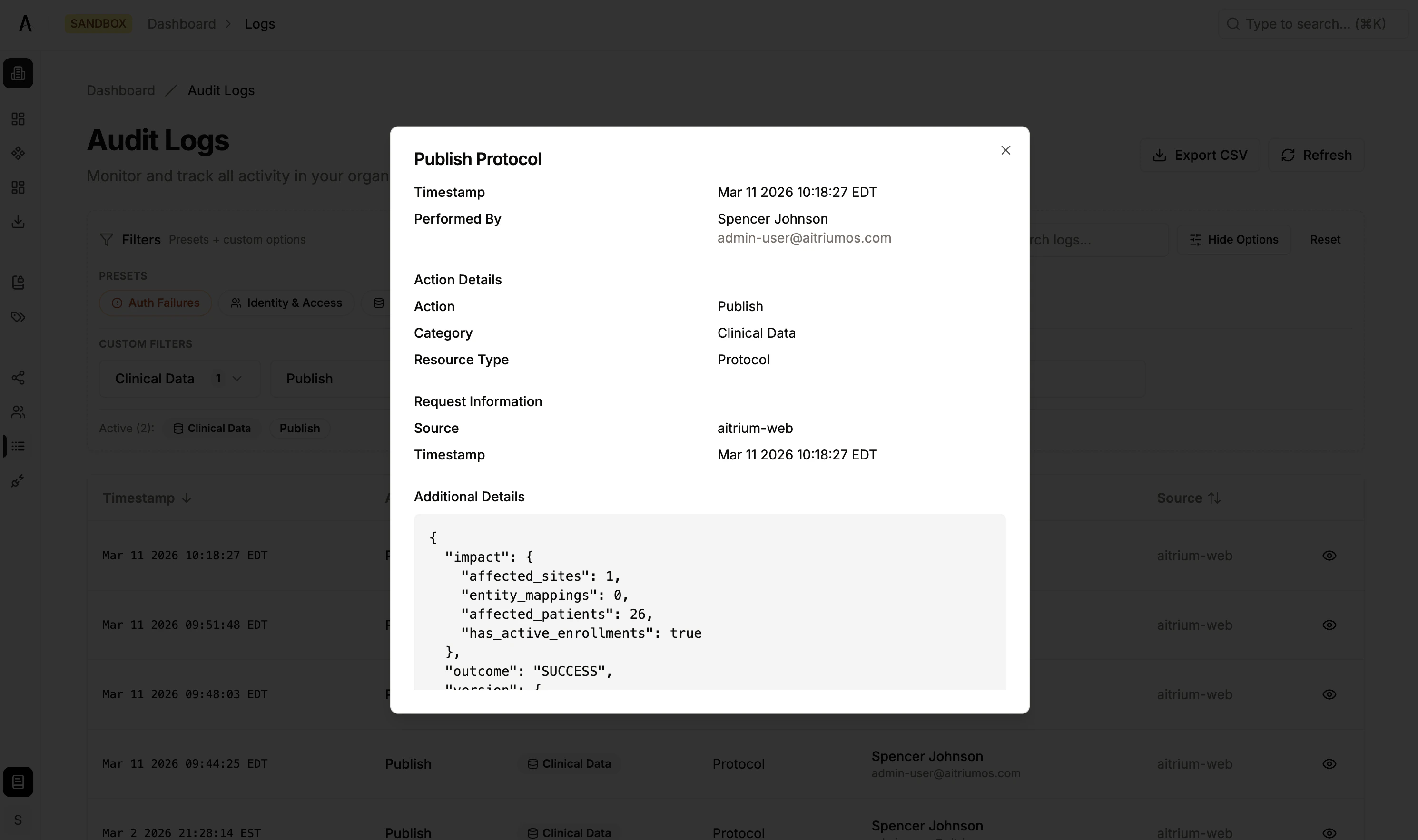 Audit log detail dialog showing actor, action details, and metadata