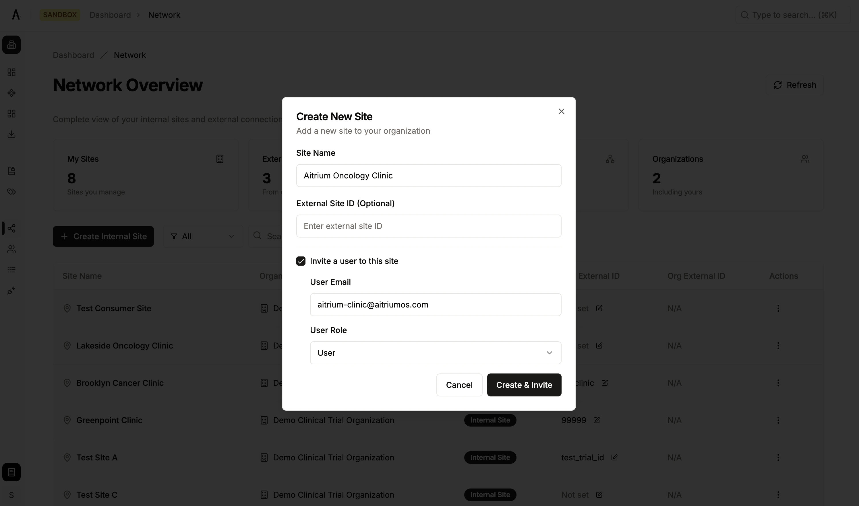 Create internal site dialog with name, external ID, and optional user invite fields