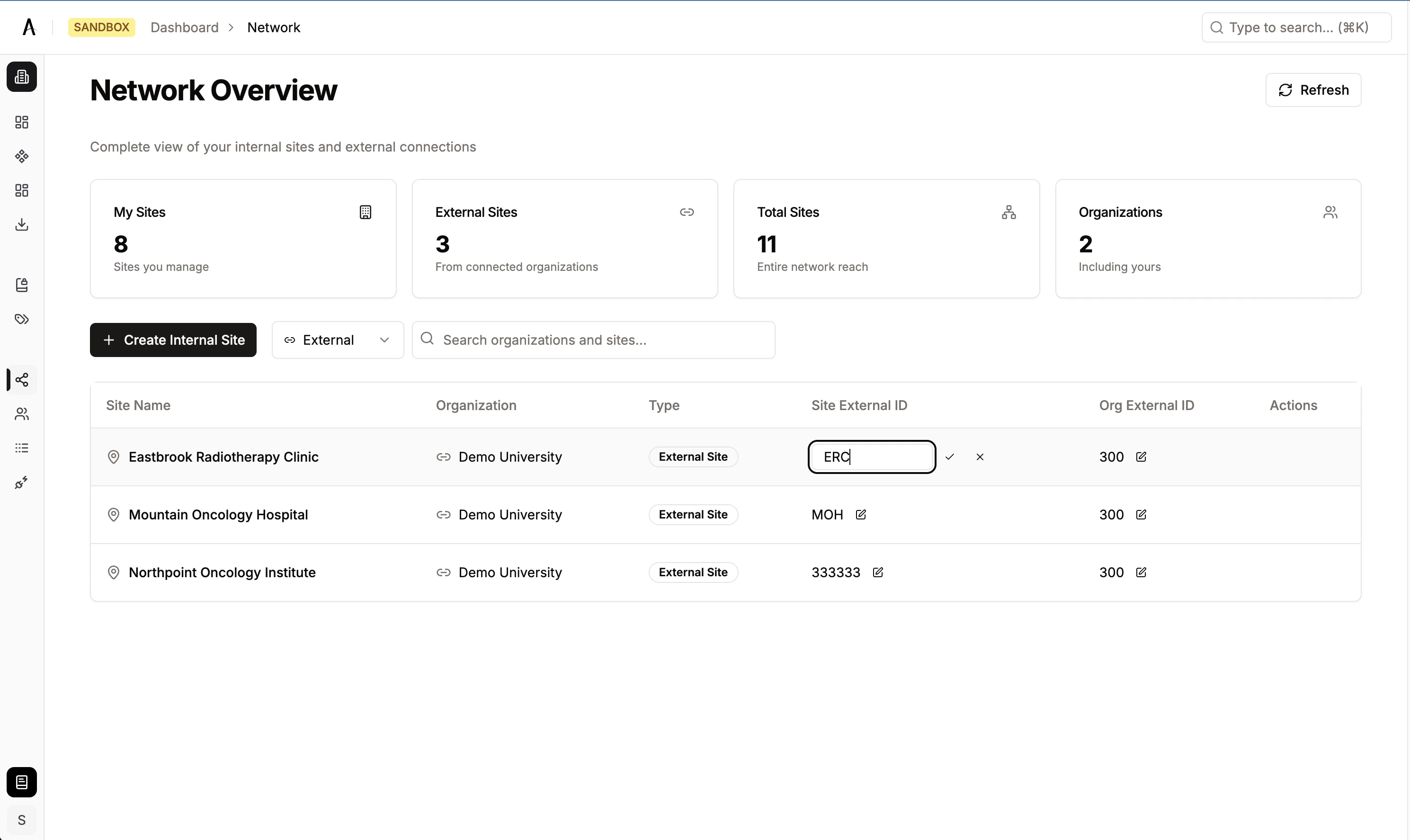 Inline editing of a site external ID in the network table