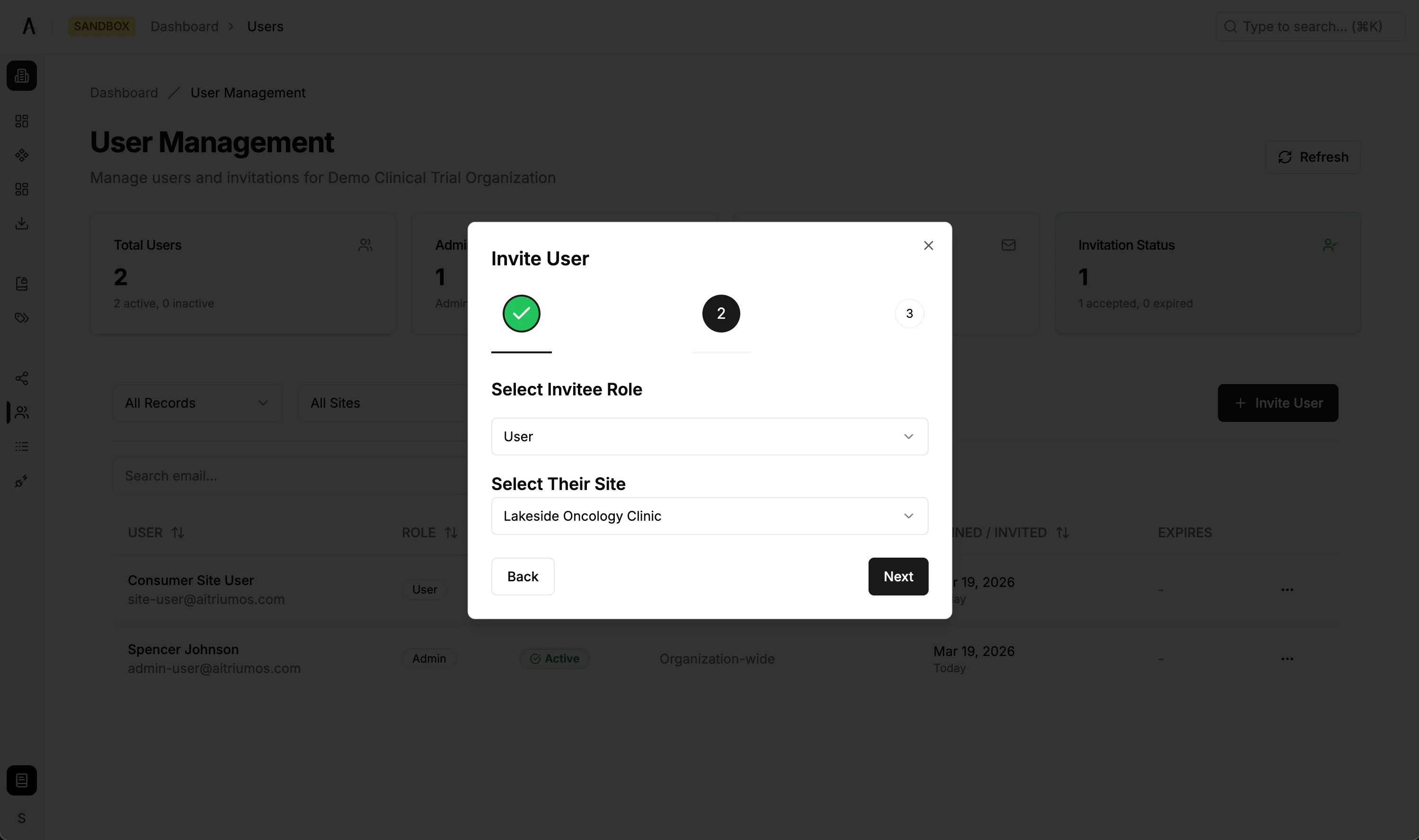 Invite user dialog with role and site selection