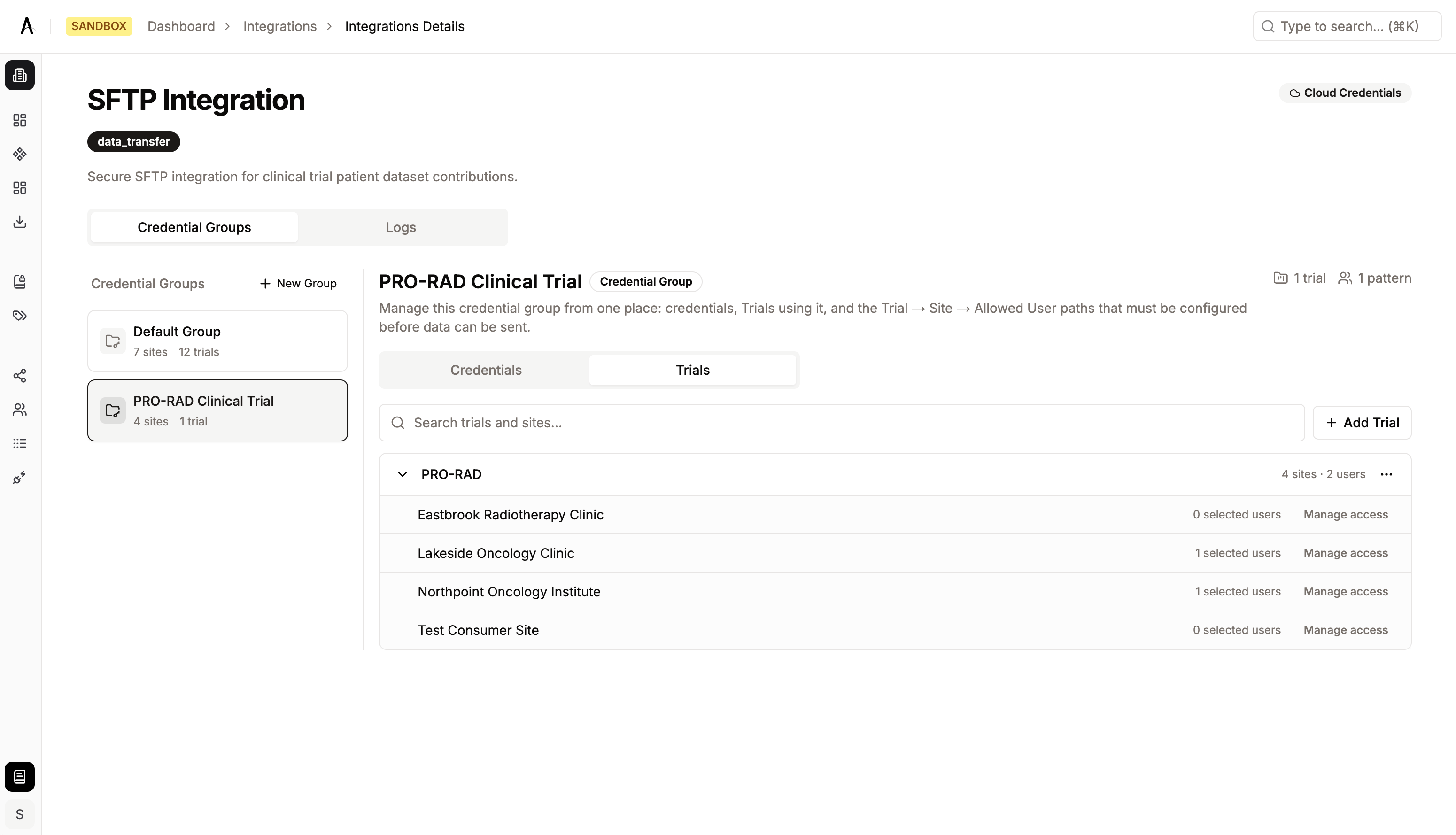 Credential group Trials tab showing linked trials with site readiness indicators