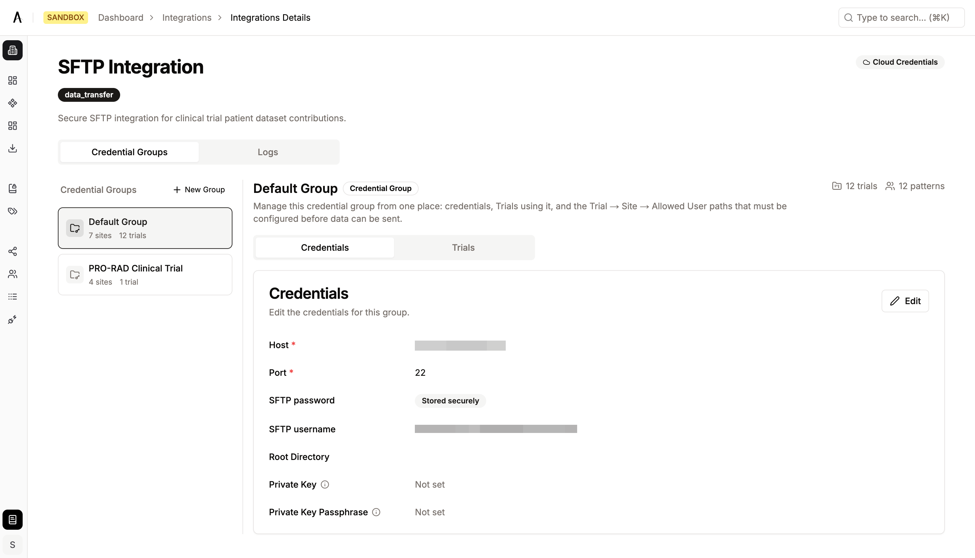 Integration details page showing credential groups in the left sidebar