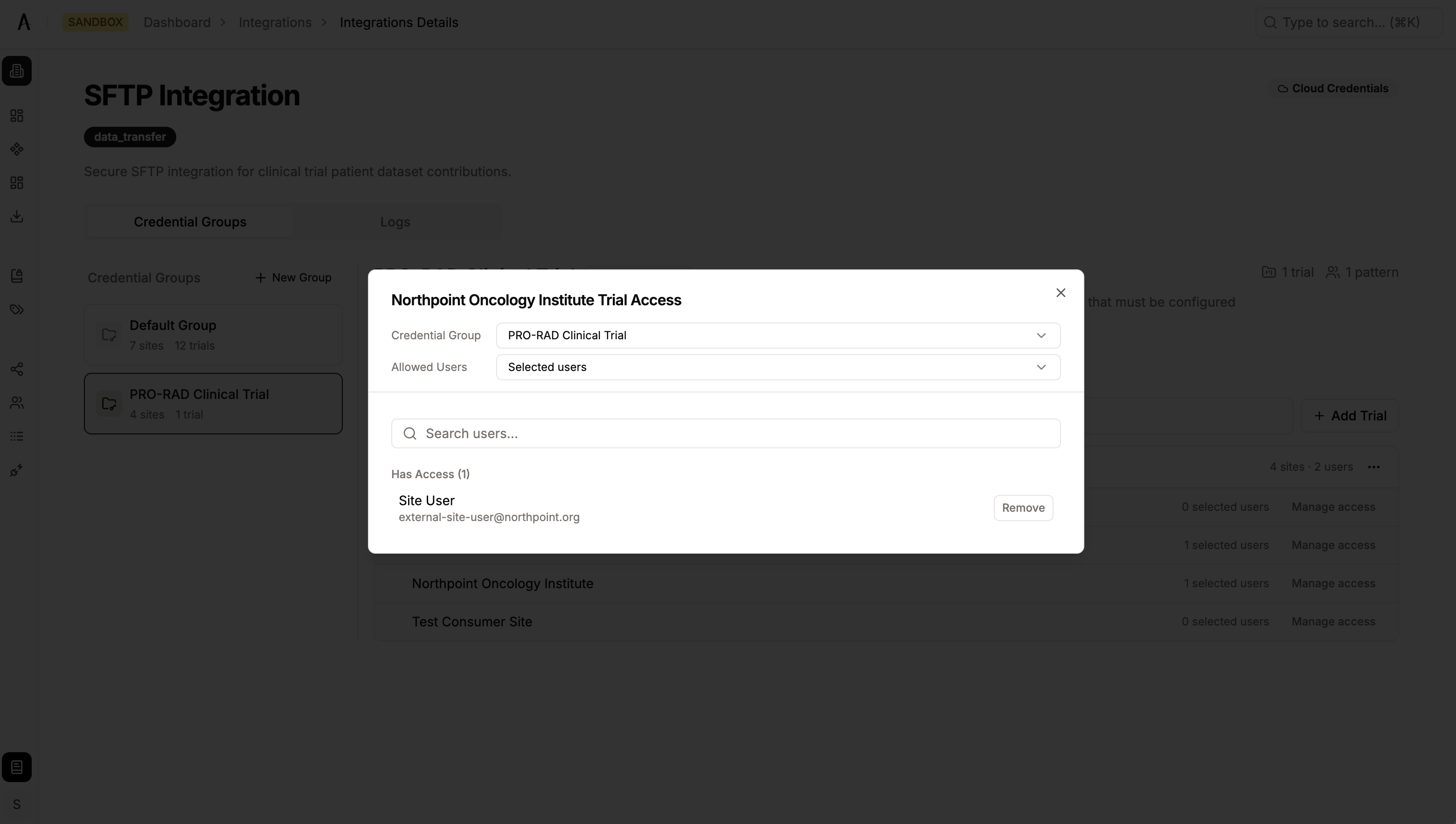 Site access management drawer showing access mode selection and user list