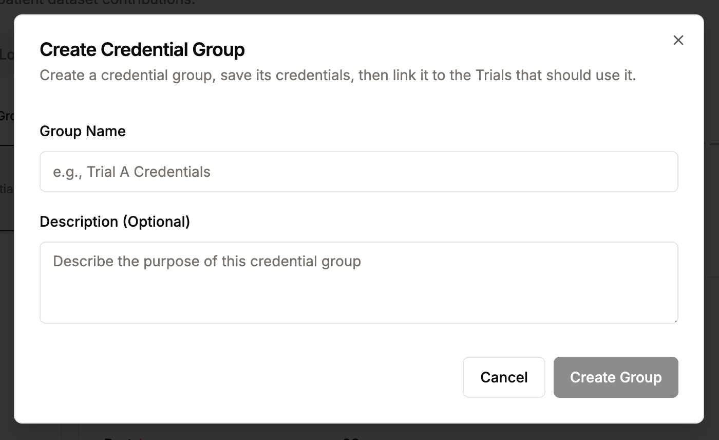 Create new credential group dialog