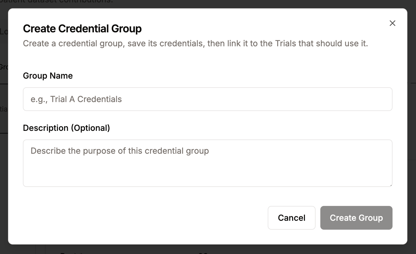 Create new credential group dialog