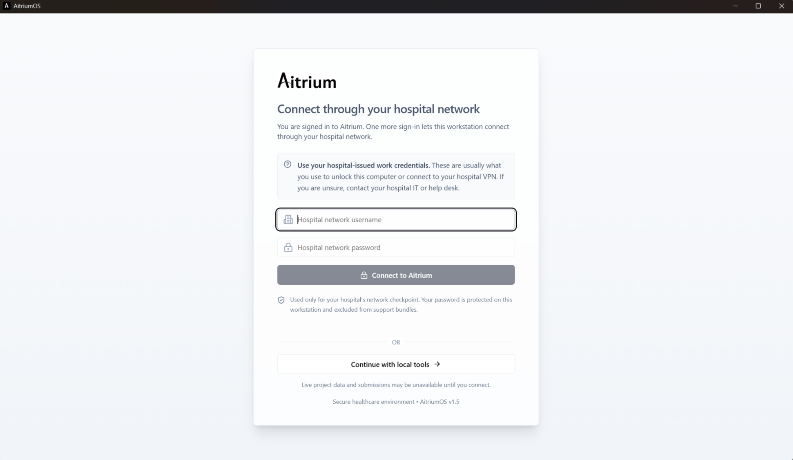 AitriumOS network sign-in screen with username and password fields, Connect to Aitrium, and Continue with local tools