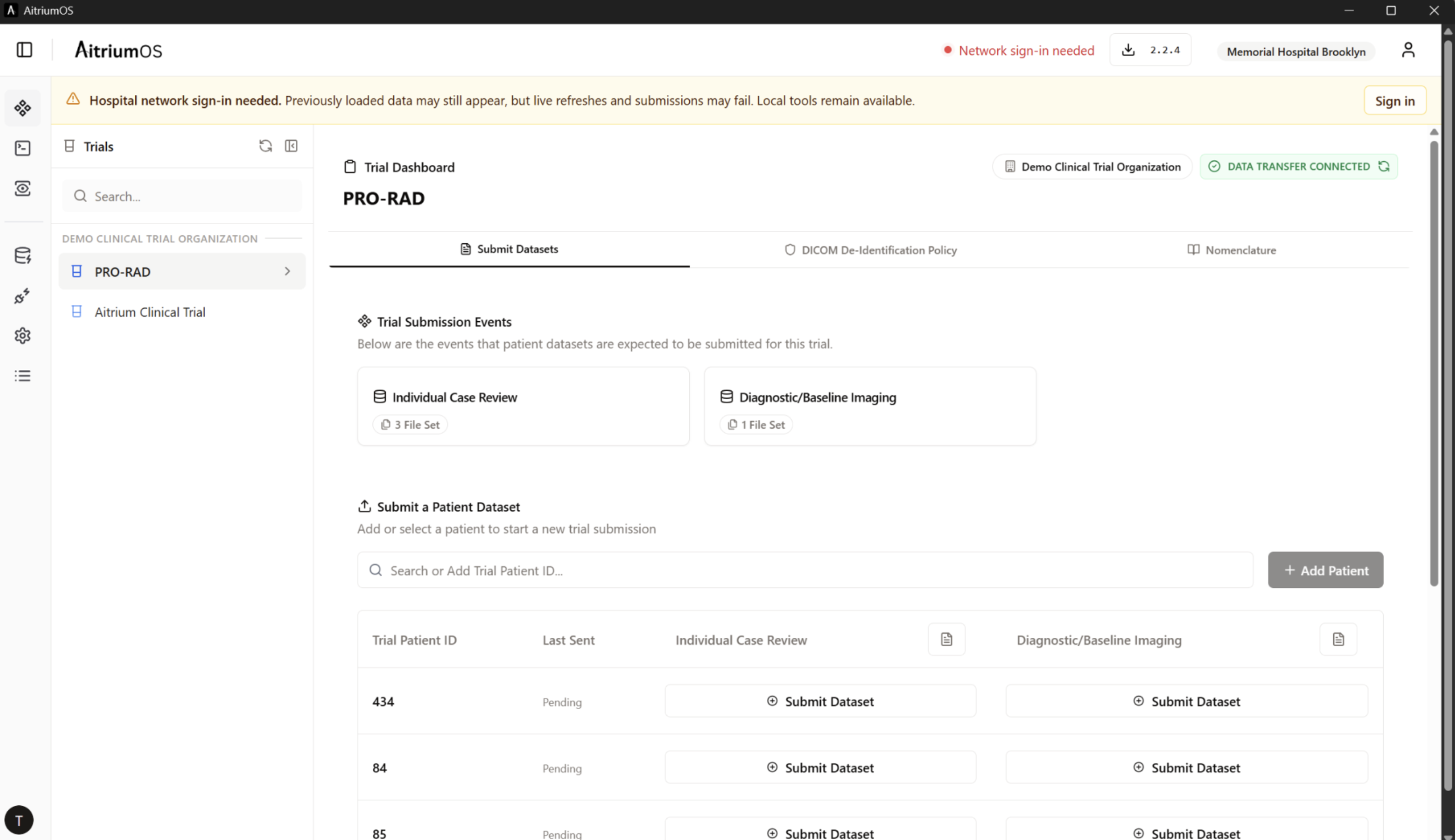 Trial dashboard with Network sign-in needed in the header and a hospital-network warning banner containing a Sign in button