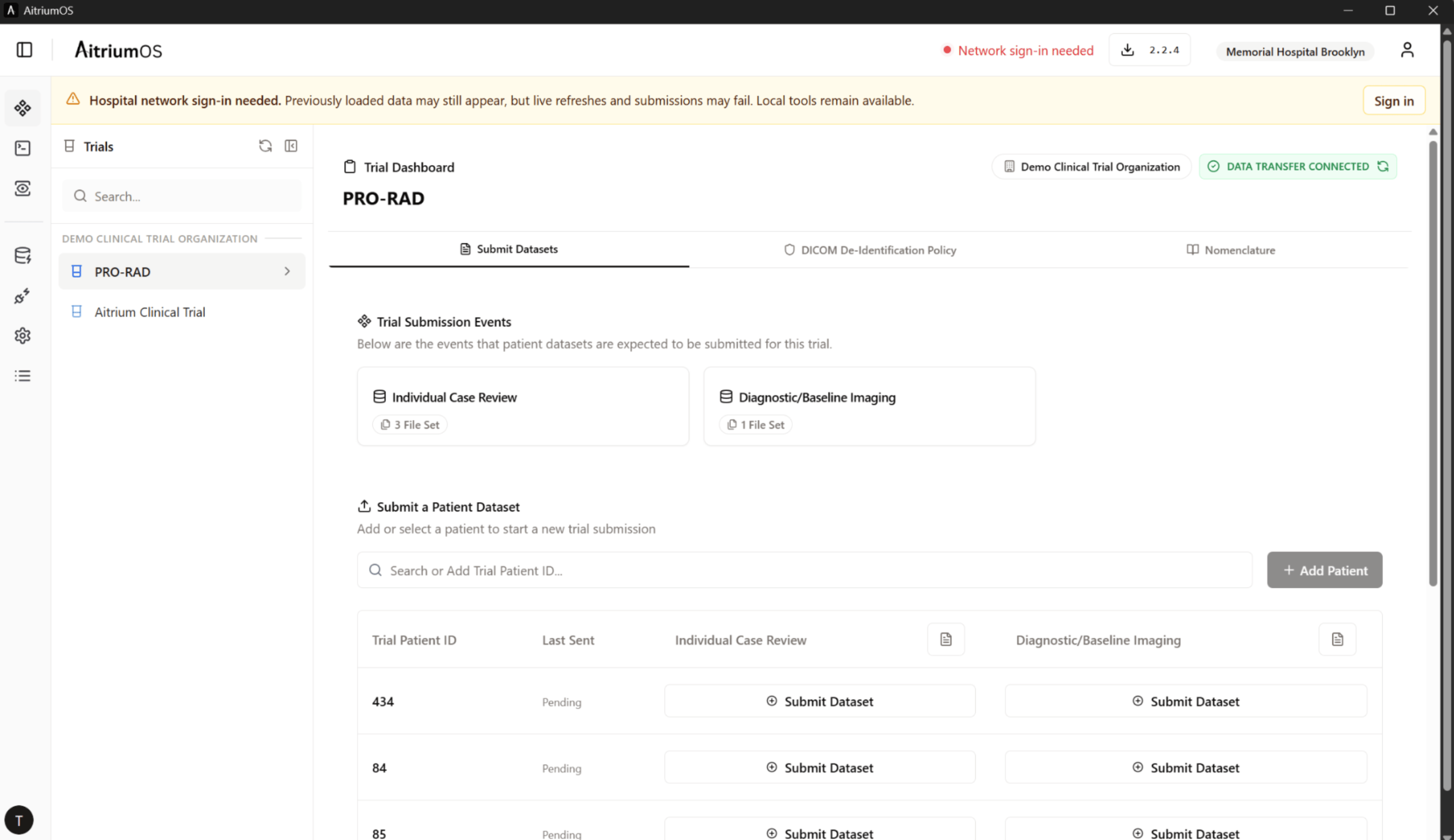 Trial dashboard with Network sign-in needed in the header and a hospital-network warning banner containing a Sign in button