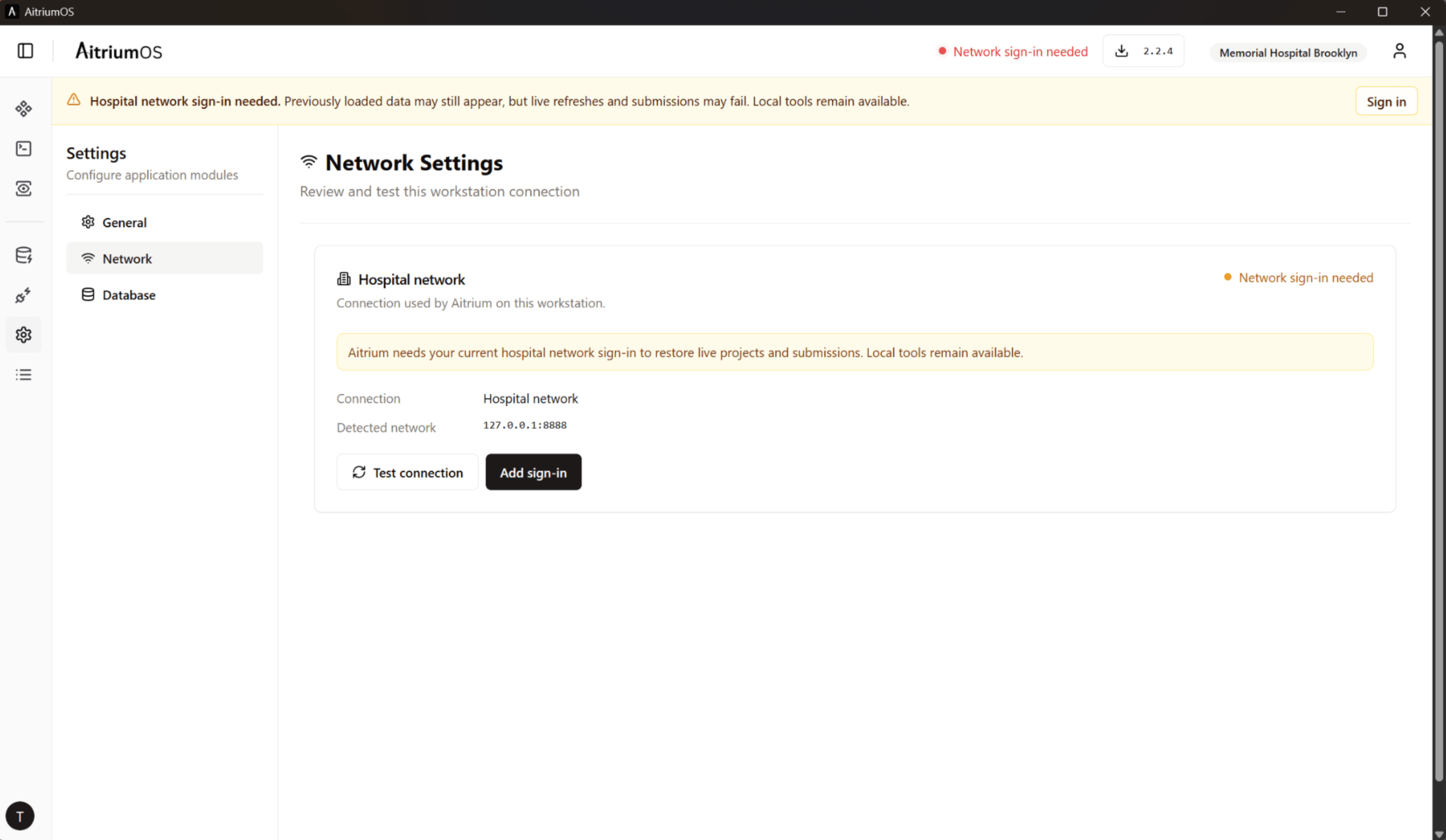 Network settings showing Network sign-in needed, detected proxy 127.0.0.1:8888, Test connection, and Add sign-in