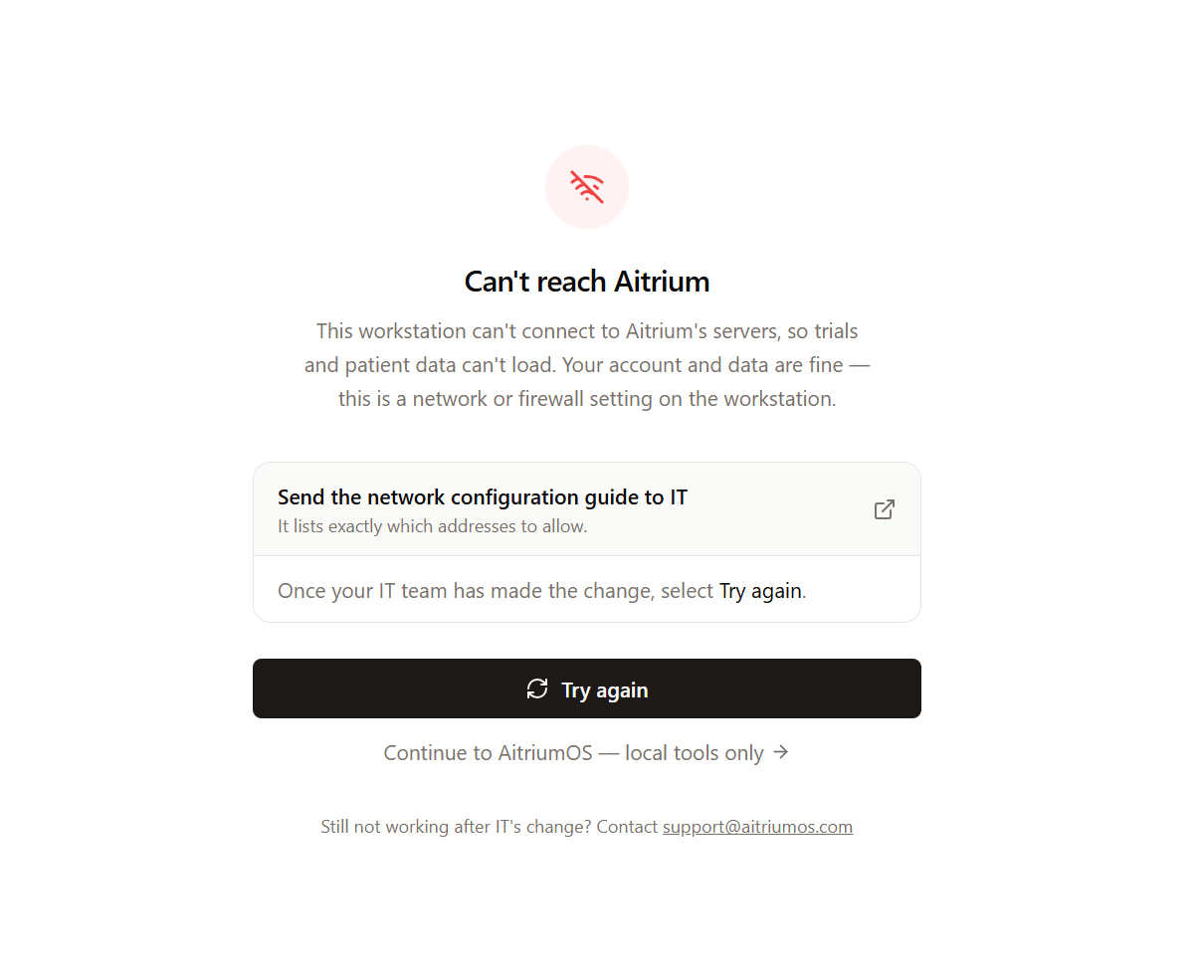 Can't reach Aitrium screen shown after sign-in, with a link to the network configuration guide and a Try again button