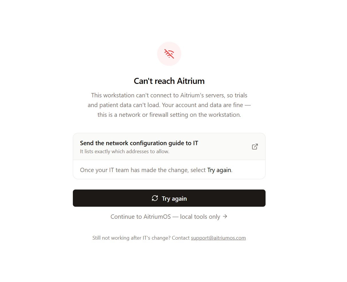 Can't reach Aitrium screen shown after sign-in, with a link to the network configuration guide and a Try again button