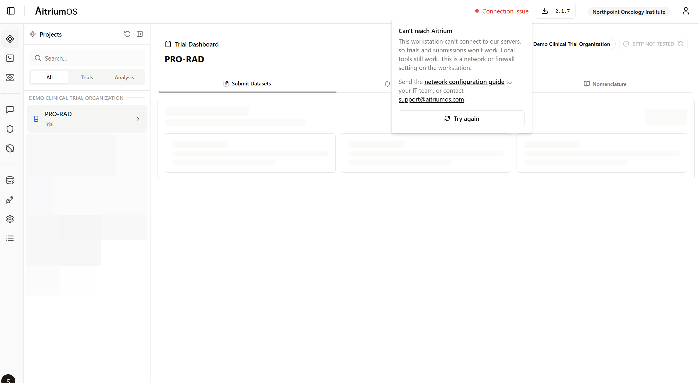 Connection issue indicator in the AitriumOS header with the Can't reach Aitrium details panel open