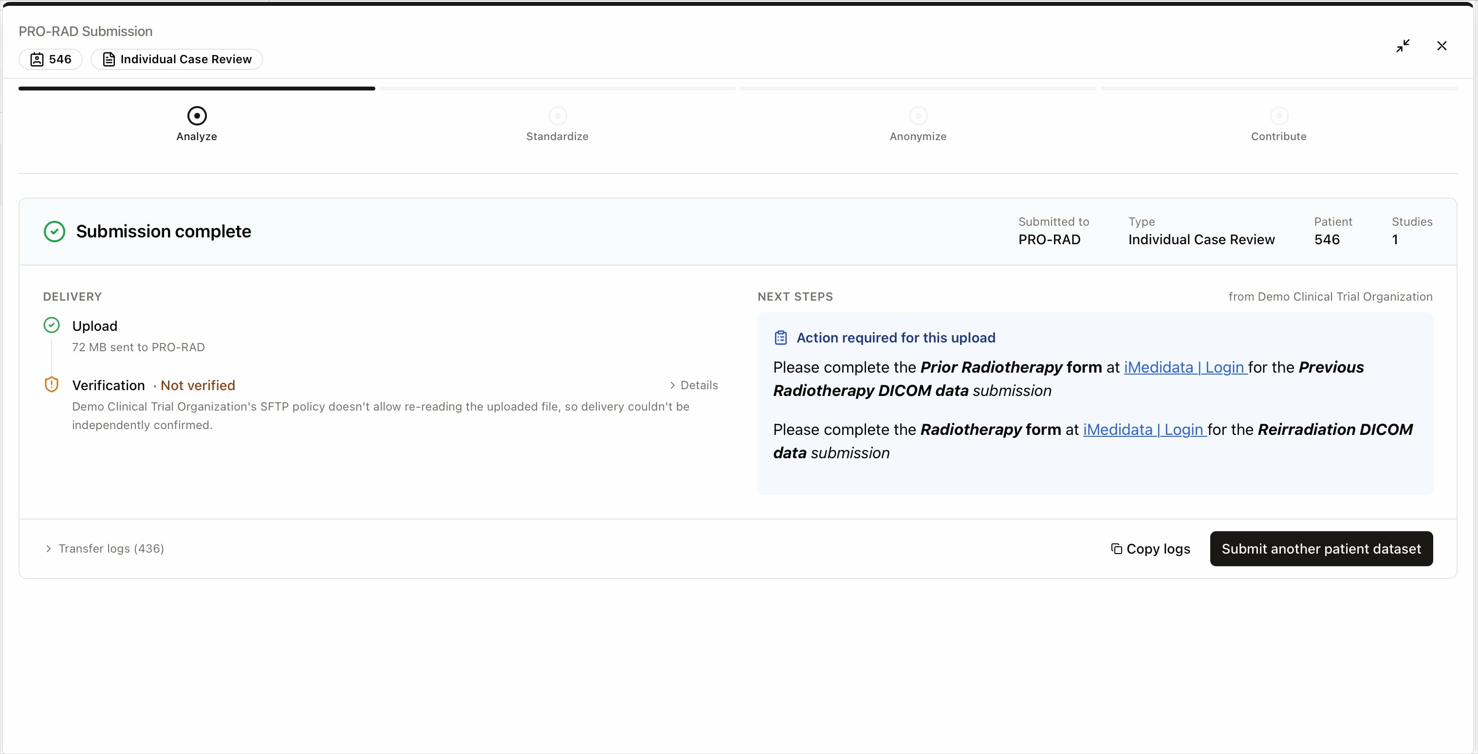 Submission complete screen shown after the submission finishes