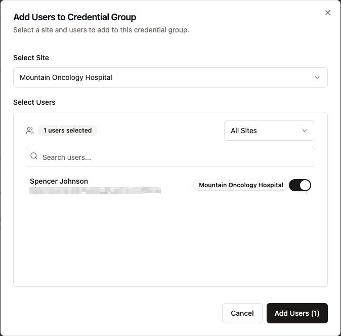 Add users dialog for permissioning users to an integration