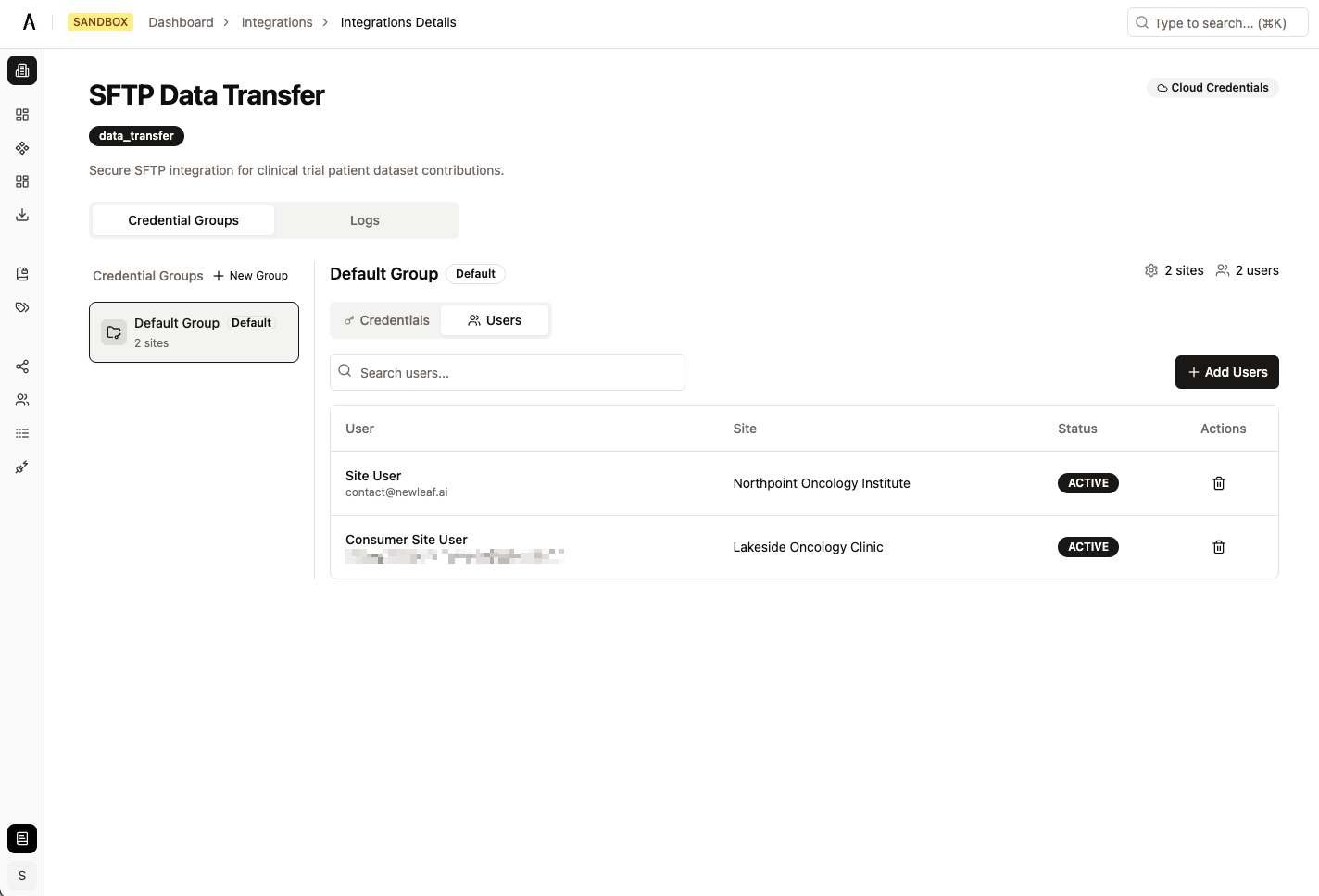 Integration users tab showing current users with access