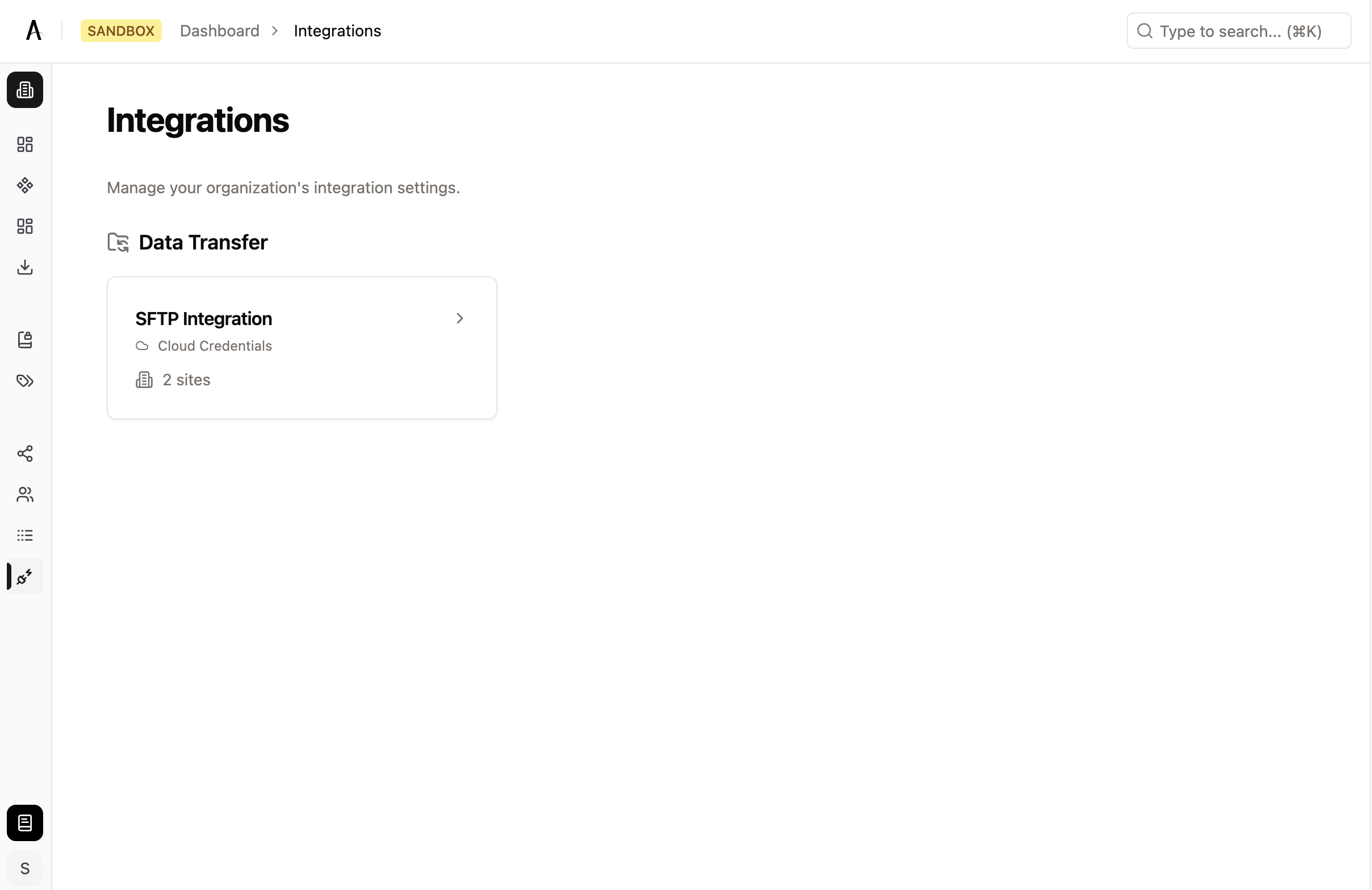 Integrations page showing list of configured integrations