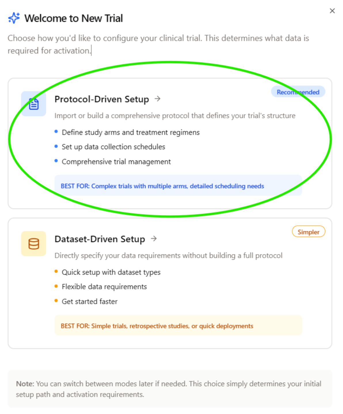 Protocol Driven Trial selection screen