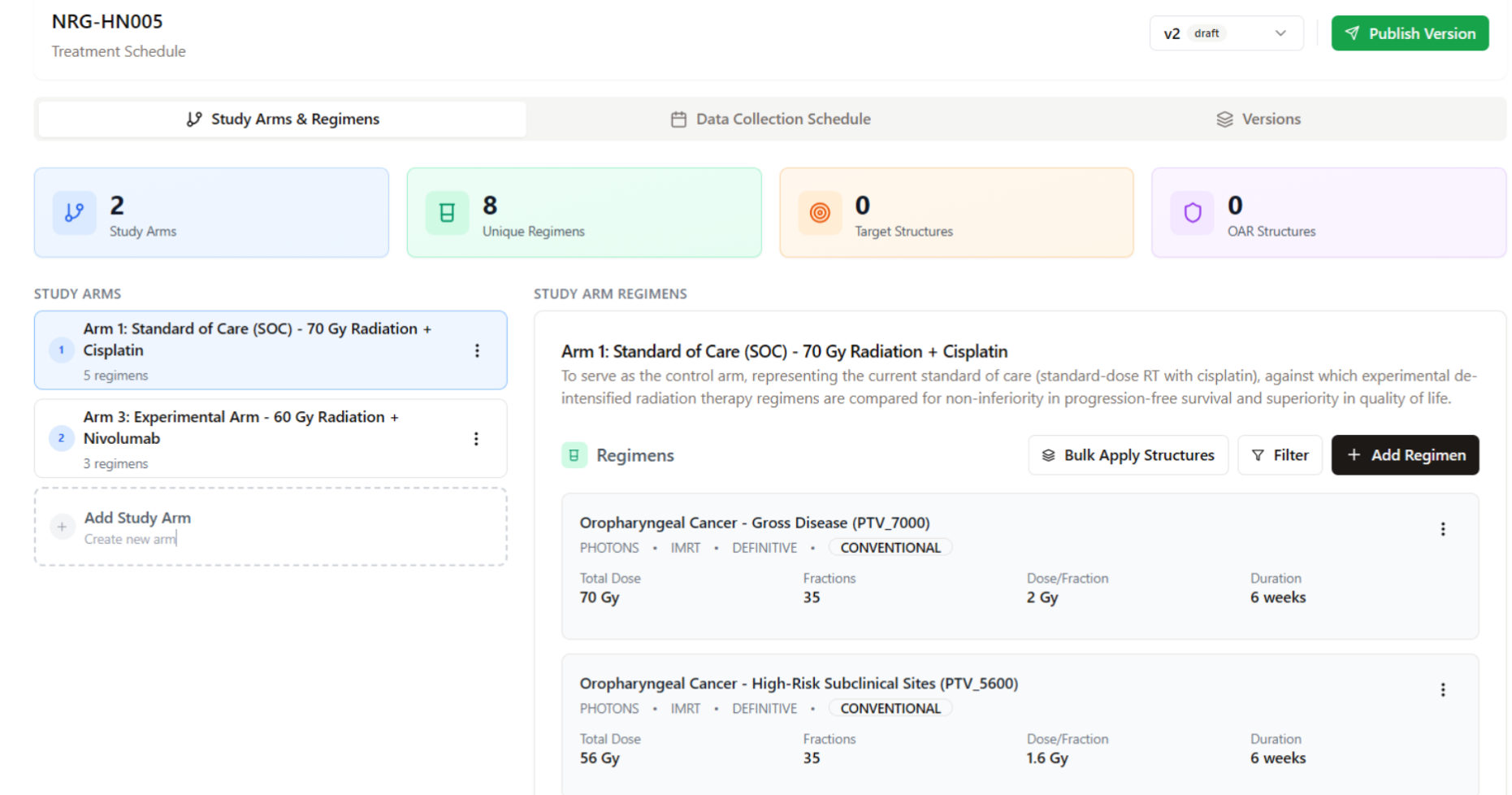 Extracted study arms and regimens display