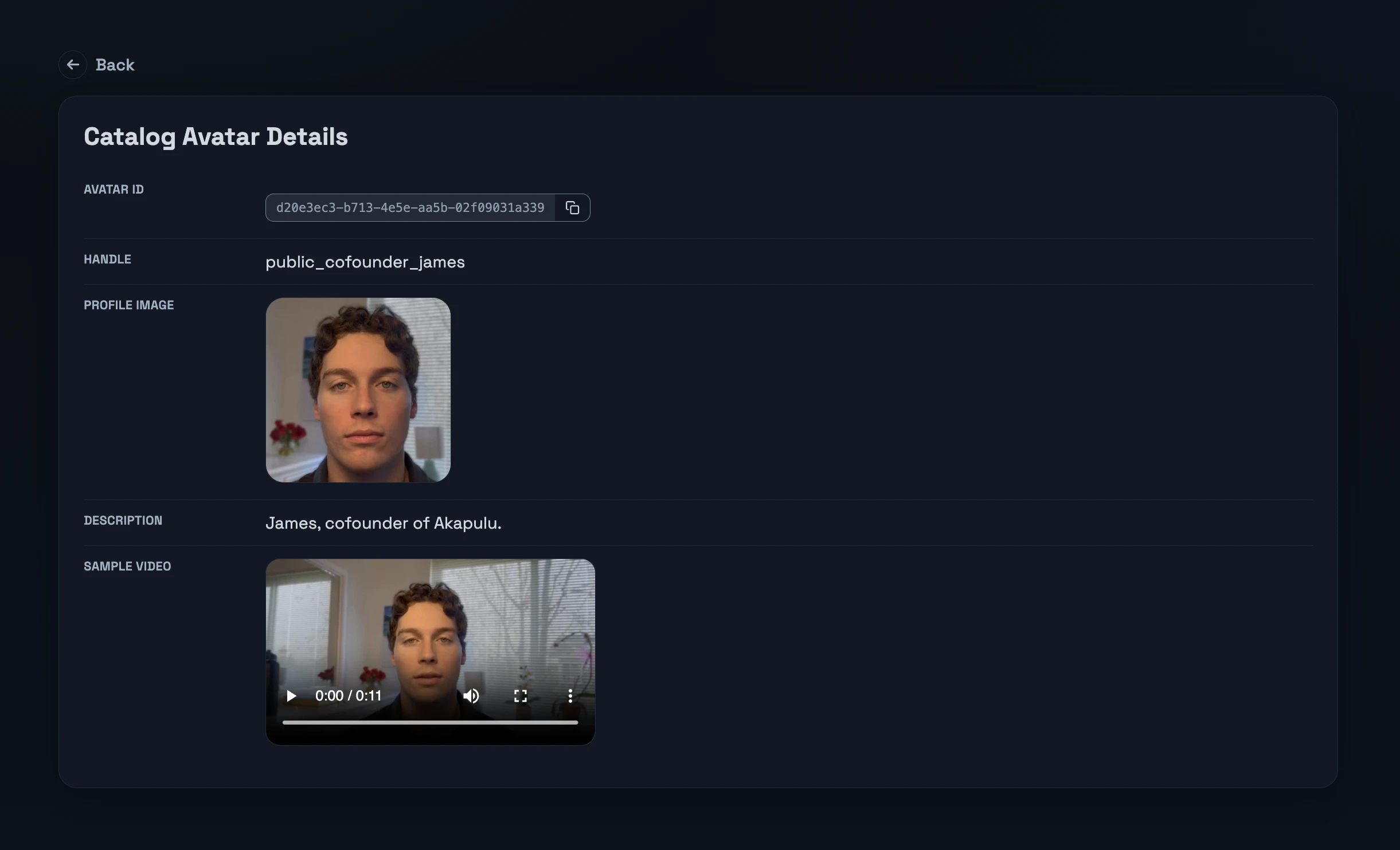Public avatar catalog showing handle, profile image, description, and sample video