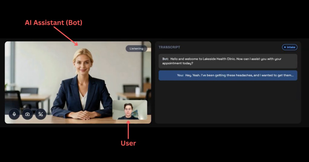 Live conversation: AI assistant on a call with a user, transcript on the right