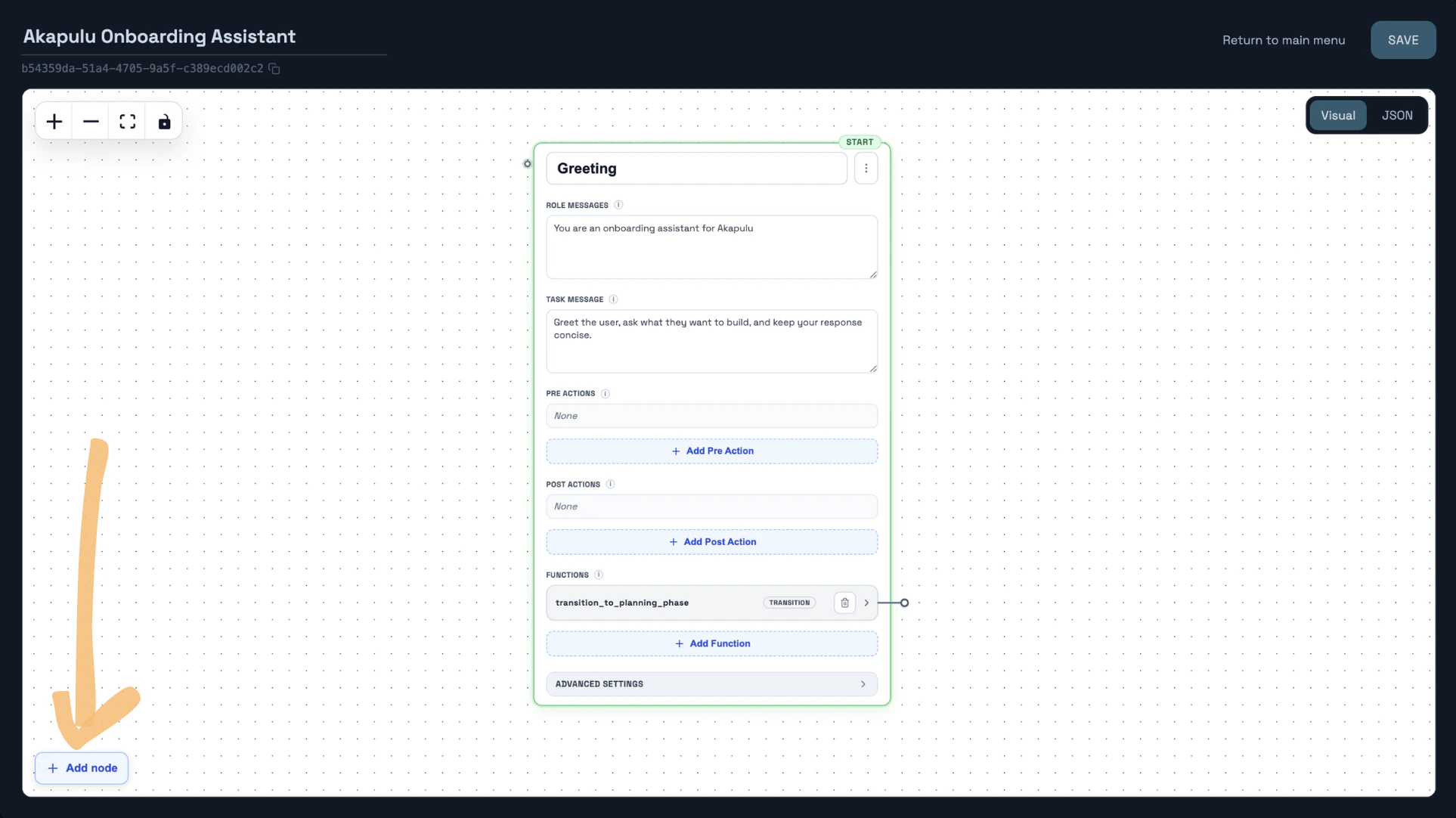 Add Node button in the scenario editor