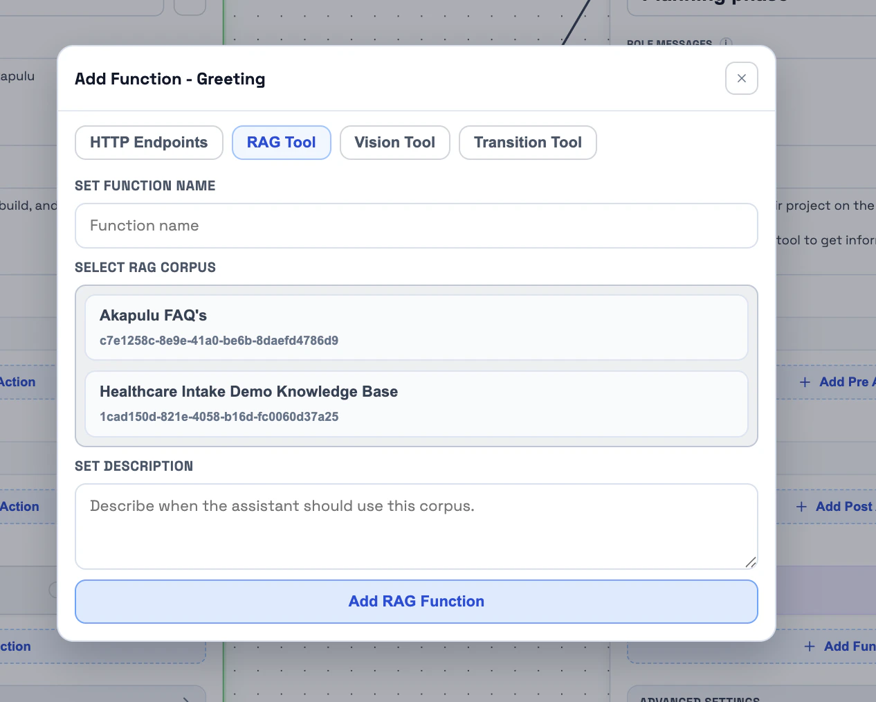 RAG tool in function modal