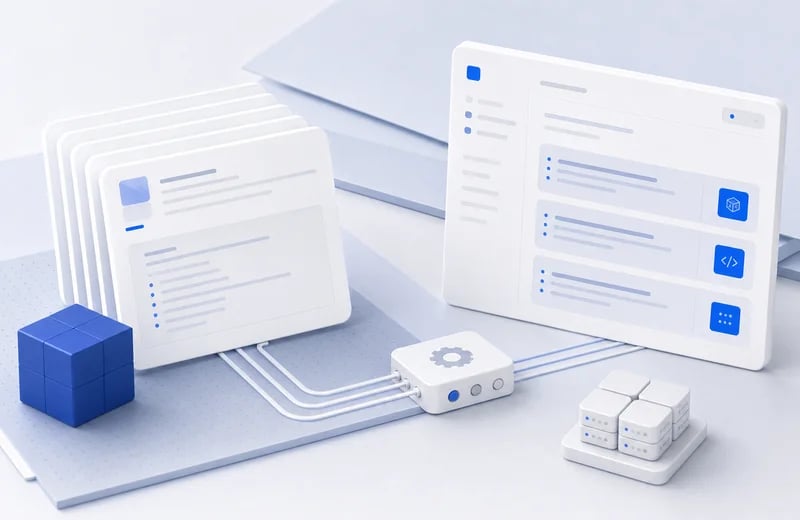 Documentation cards, tool connector block, AI tool panel, and package cube
