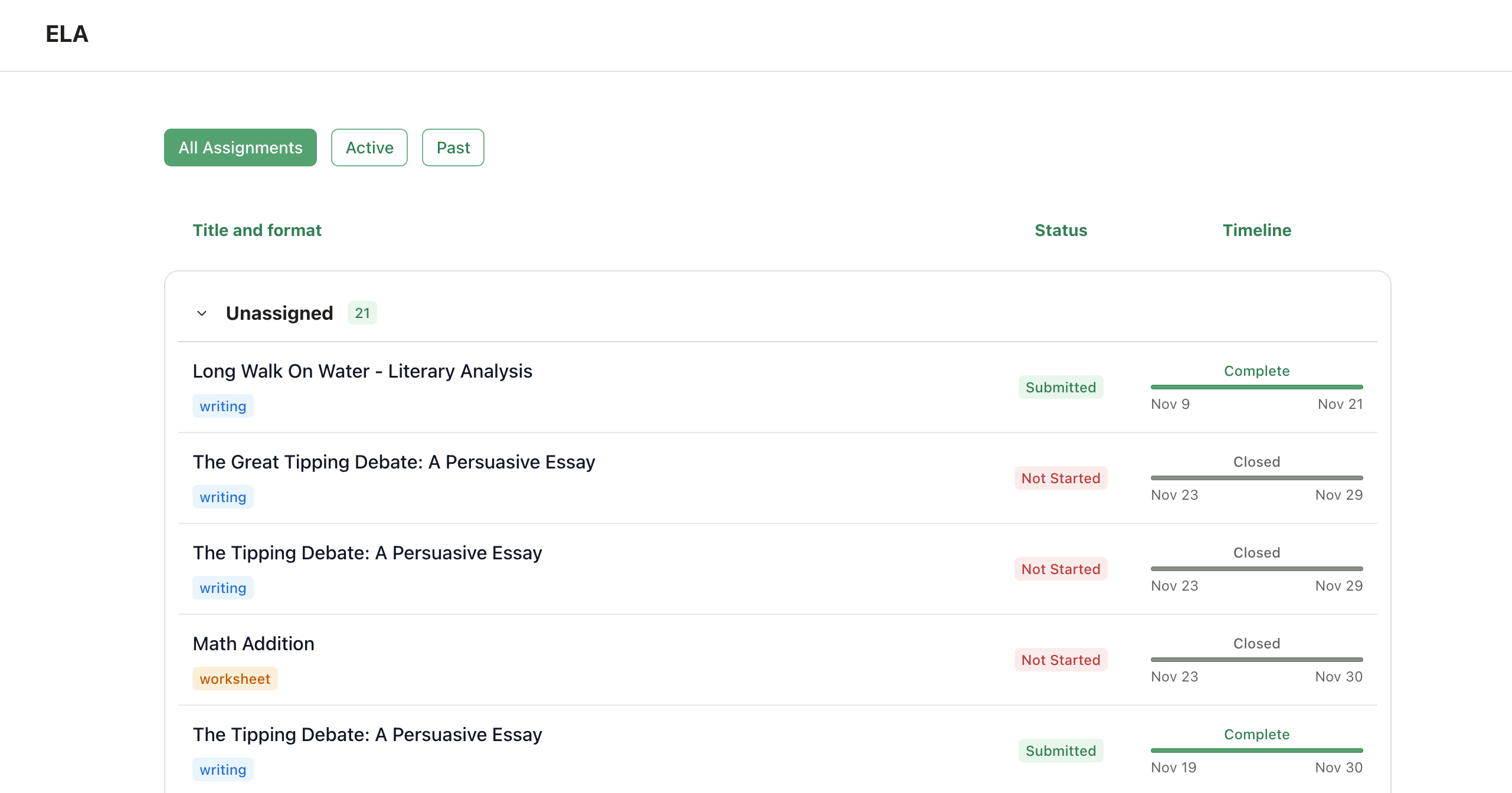 Student assignments view with Active and Past tabs