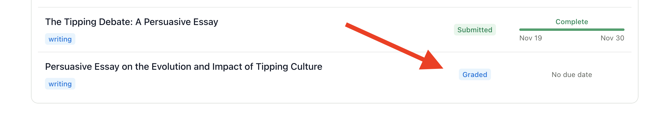 Returned assignment on dashboard