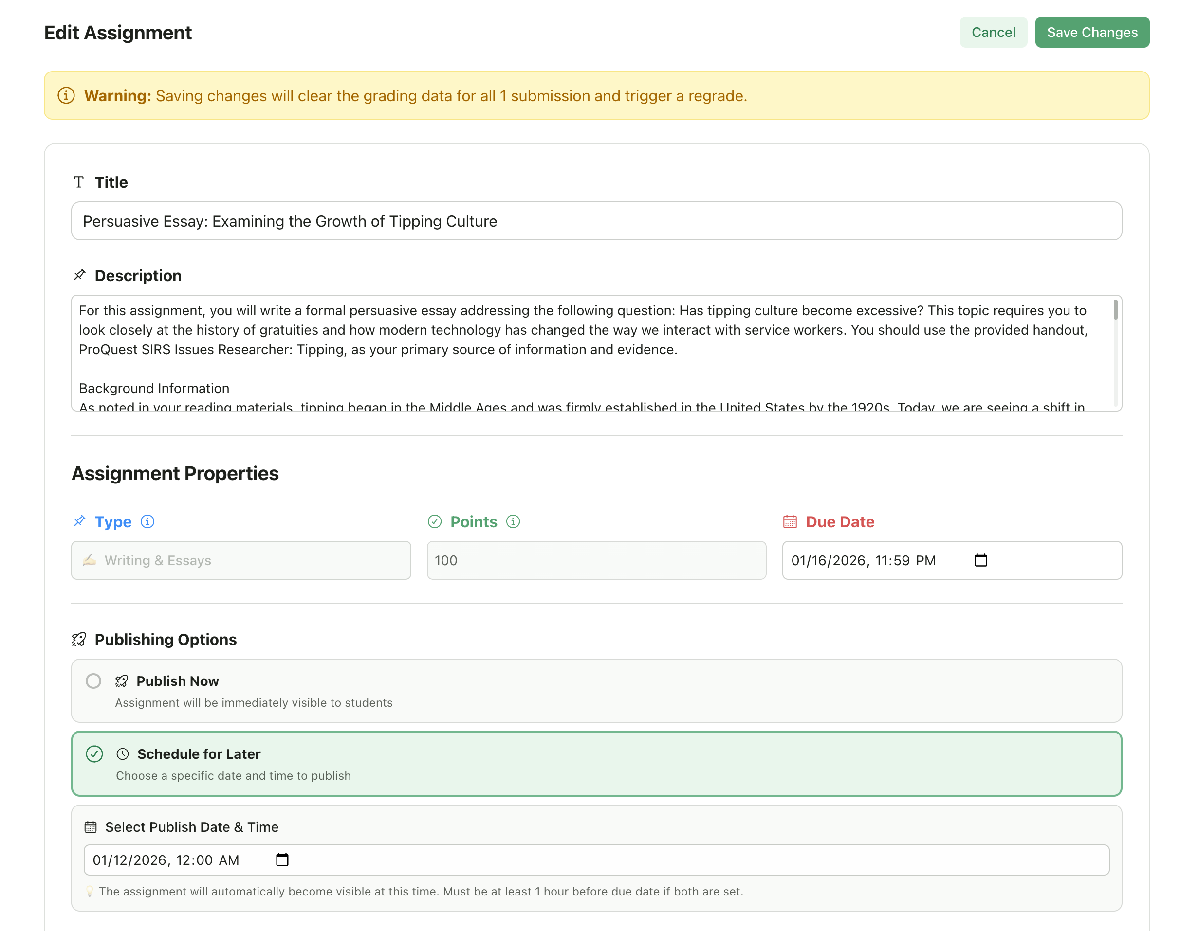 Assignment details editing form