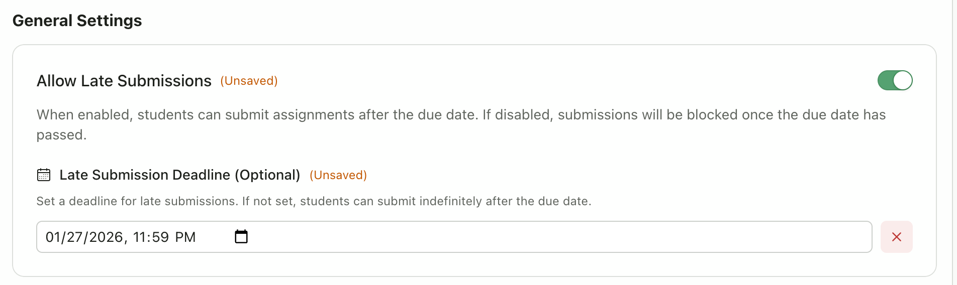 Allow late submissions toggle and date picker