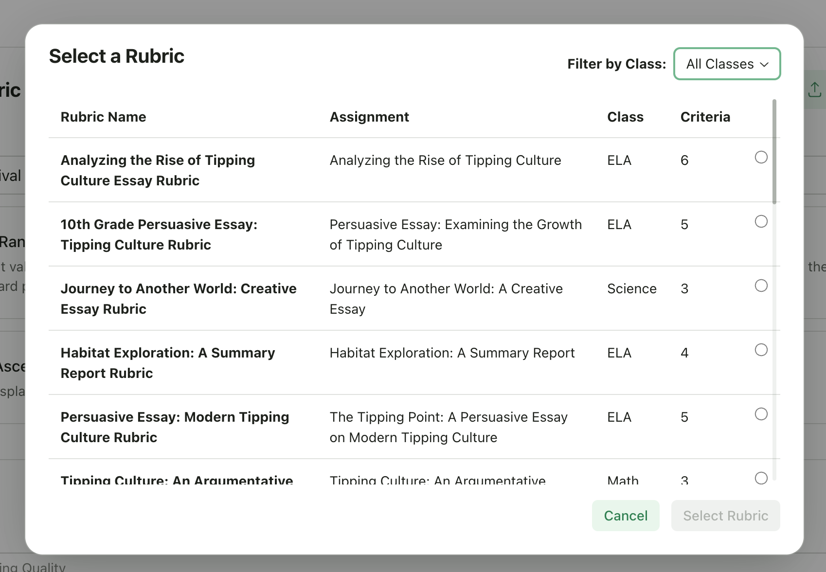 Rubric selector showing previous rubrics