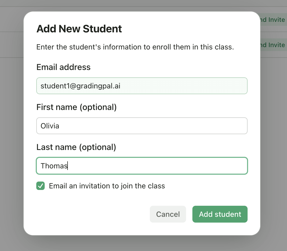 Add student dialog with form fields