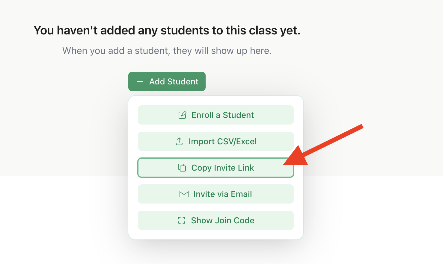 Add Students menu with Copy Invite Link option