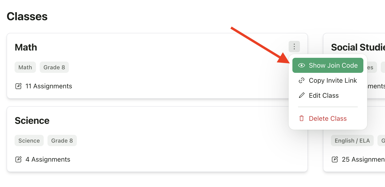 Class card options menu with Show Join Code option