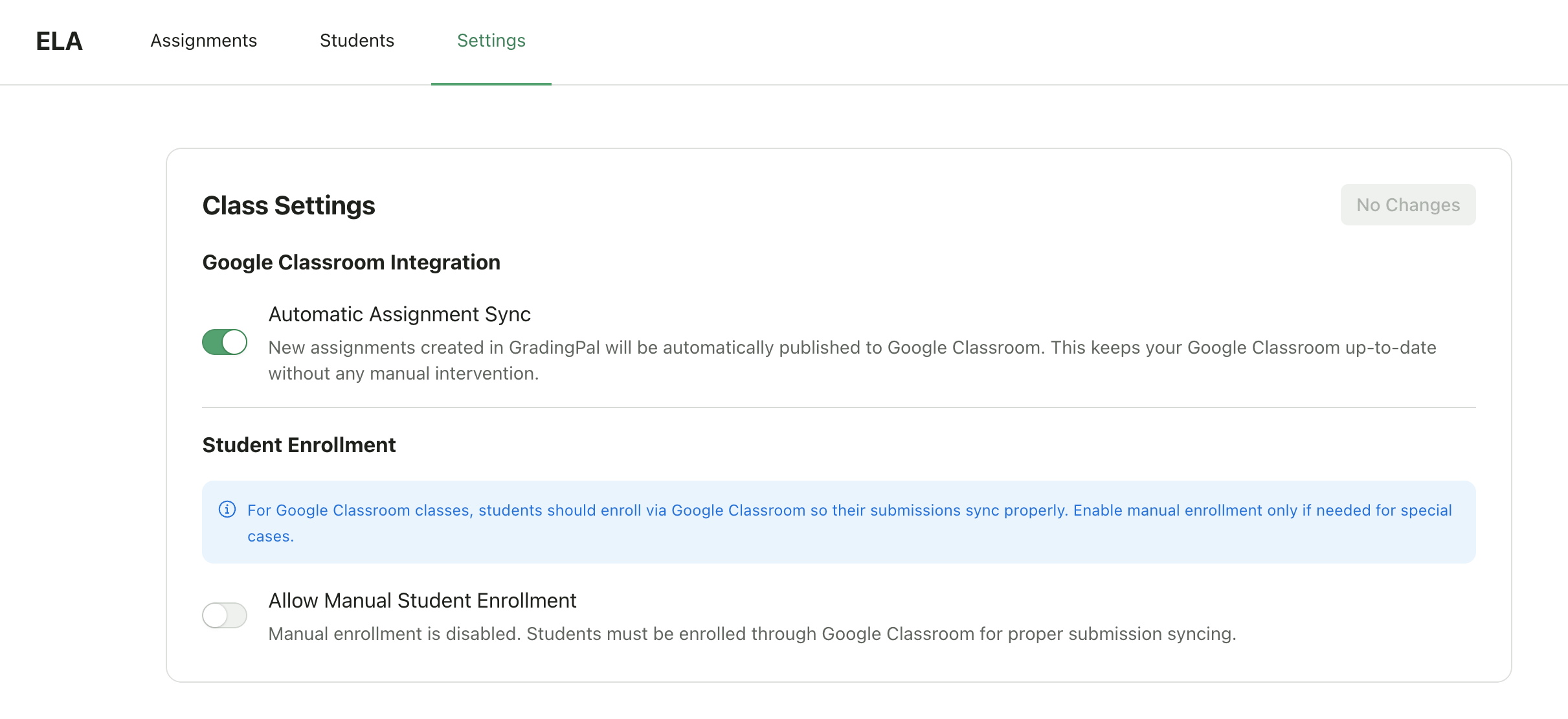 Class navigation with Settings tab highlighted