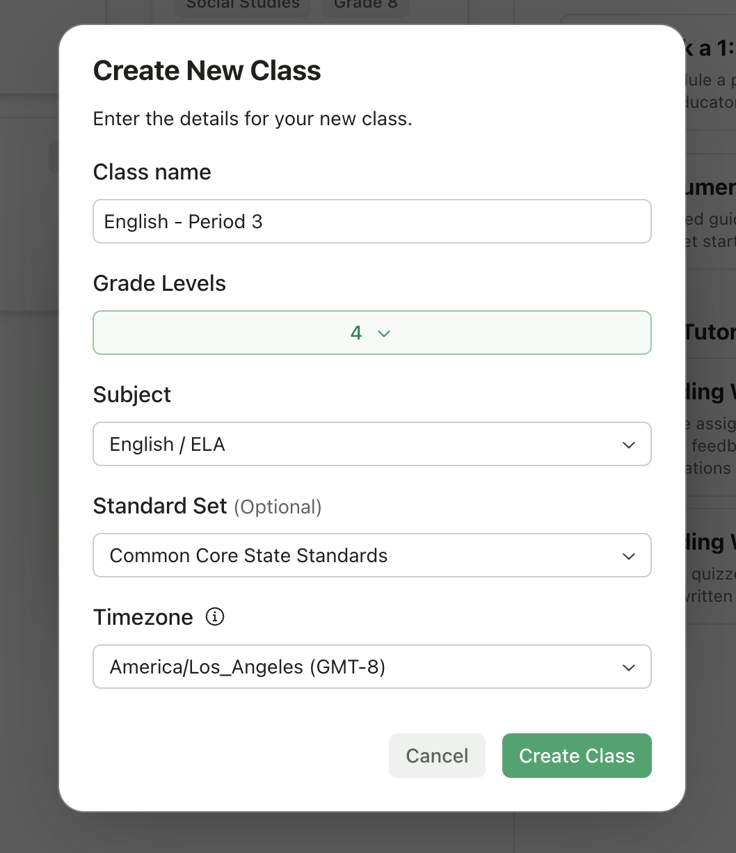 Create class form with all fields filled in