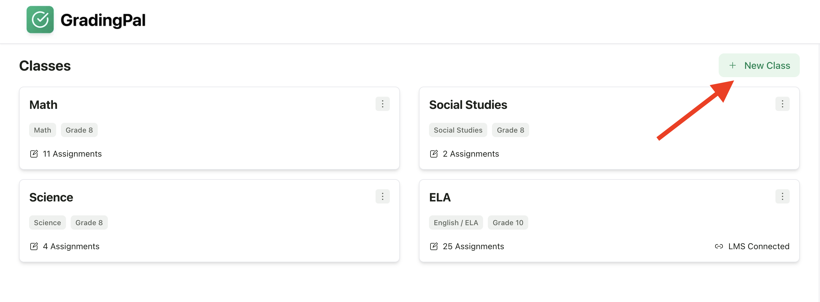 Teacher dashboard with New Class button highlighted