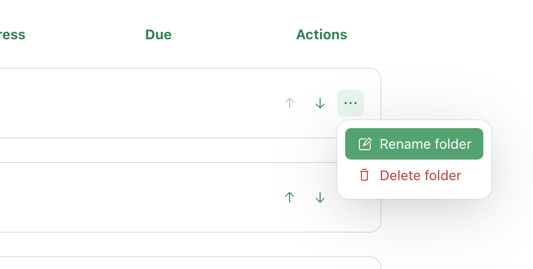 Folder actions menu with rename and delete options