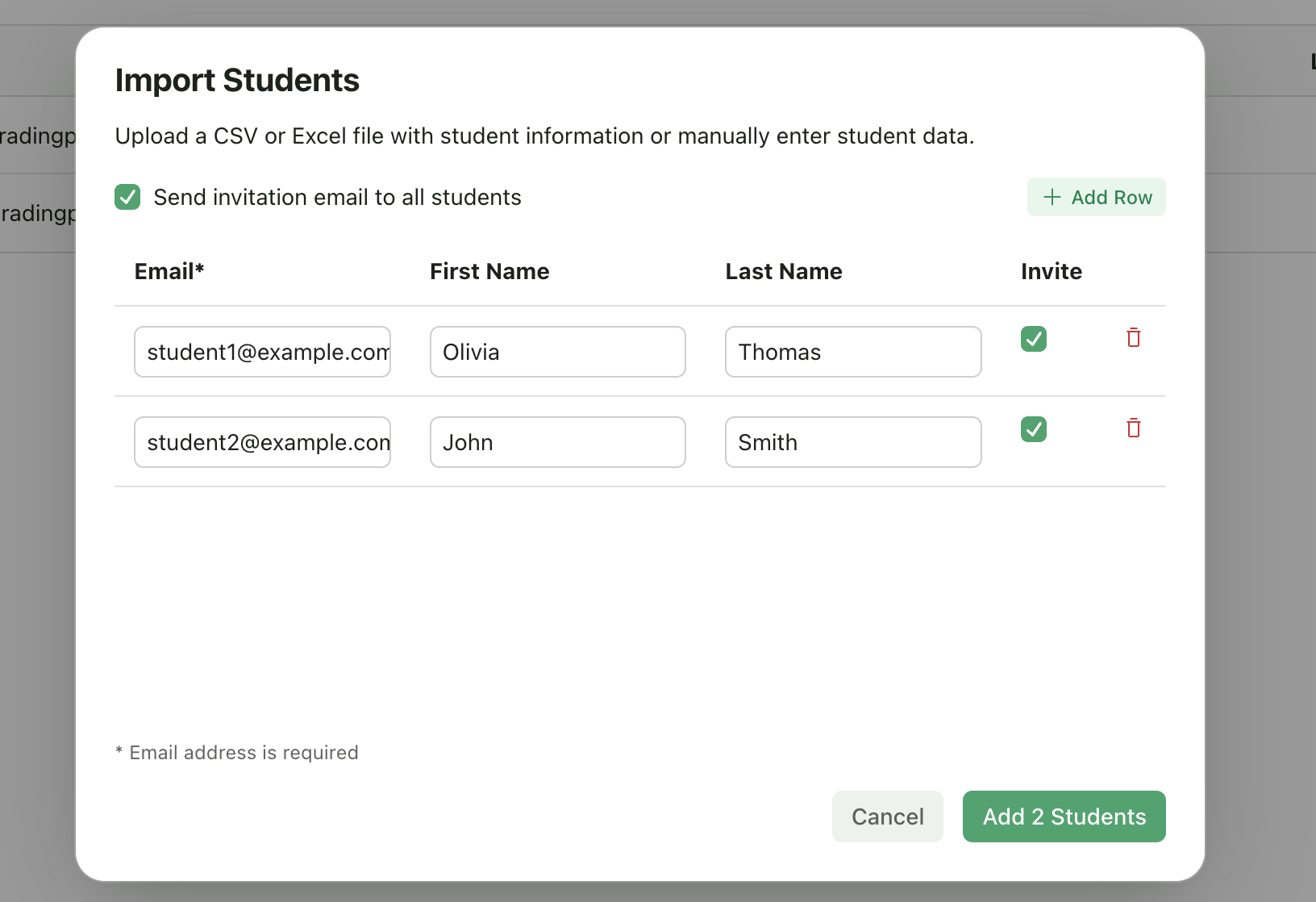 Import students review table with editable rows