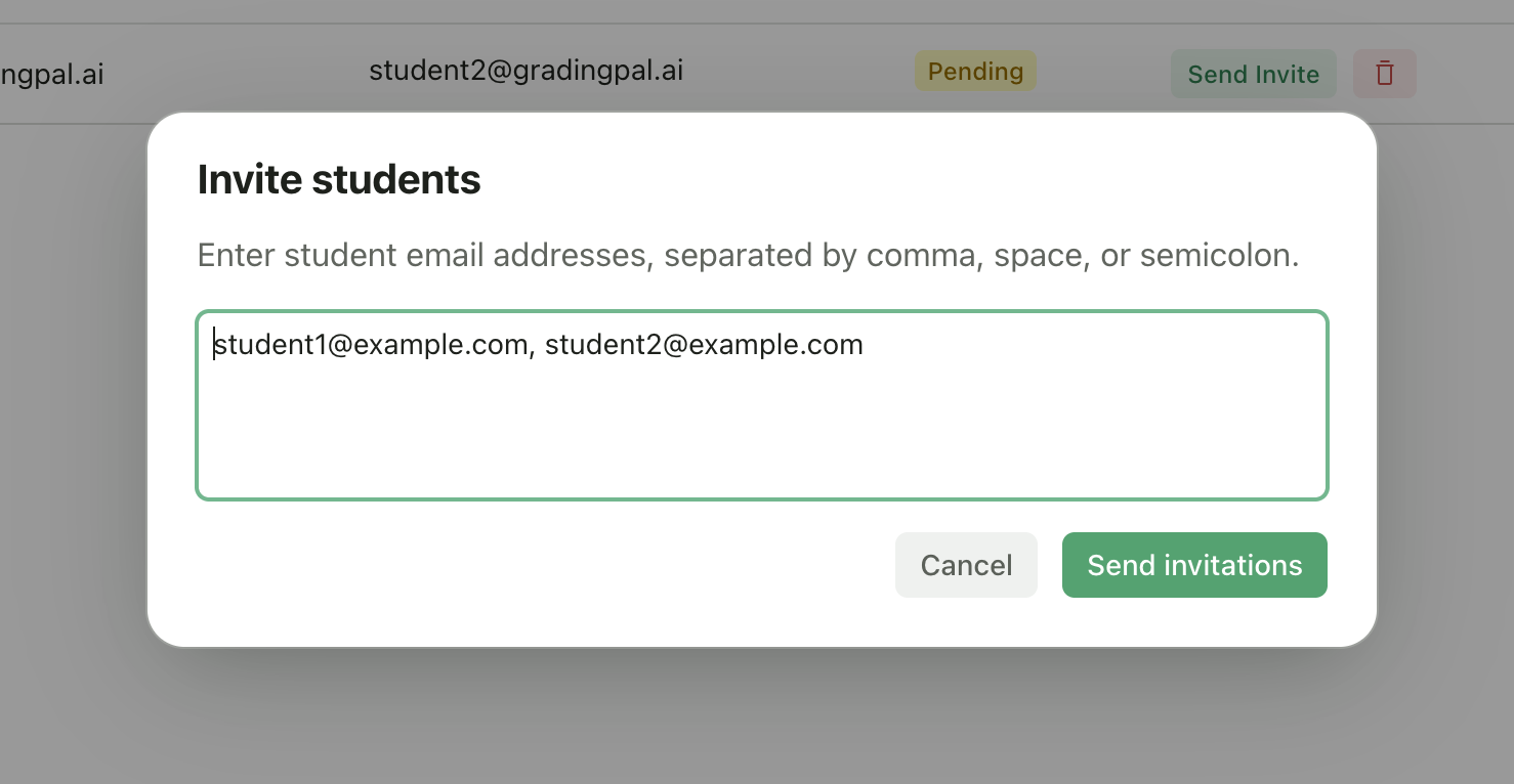 Invite students dialog with email text area