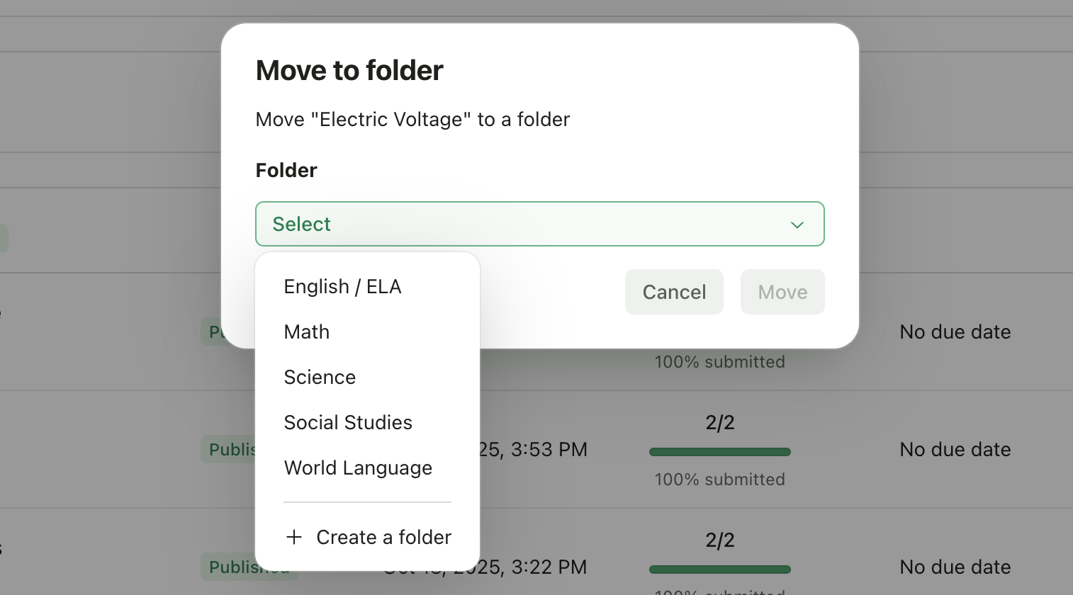Move to folder dialog with folder selection