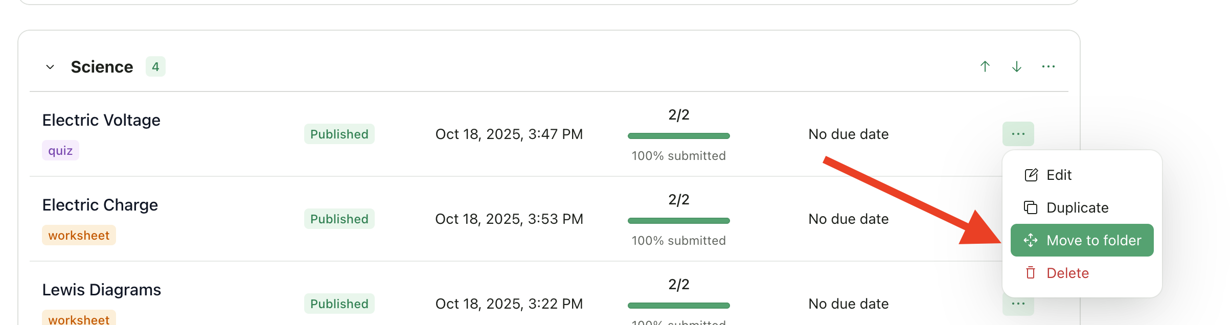 Assignment actions menu with Move to folder option