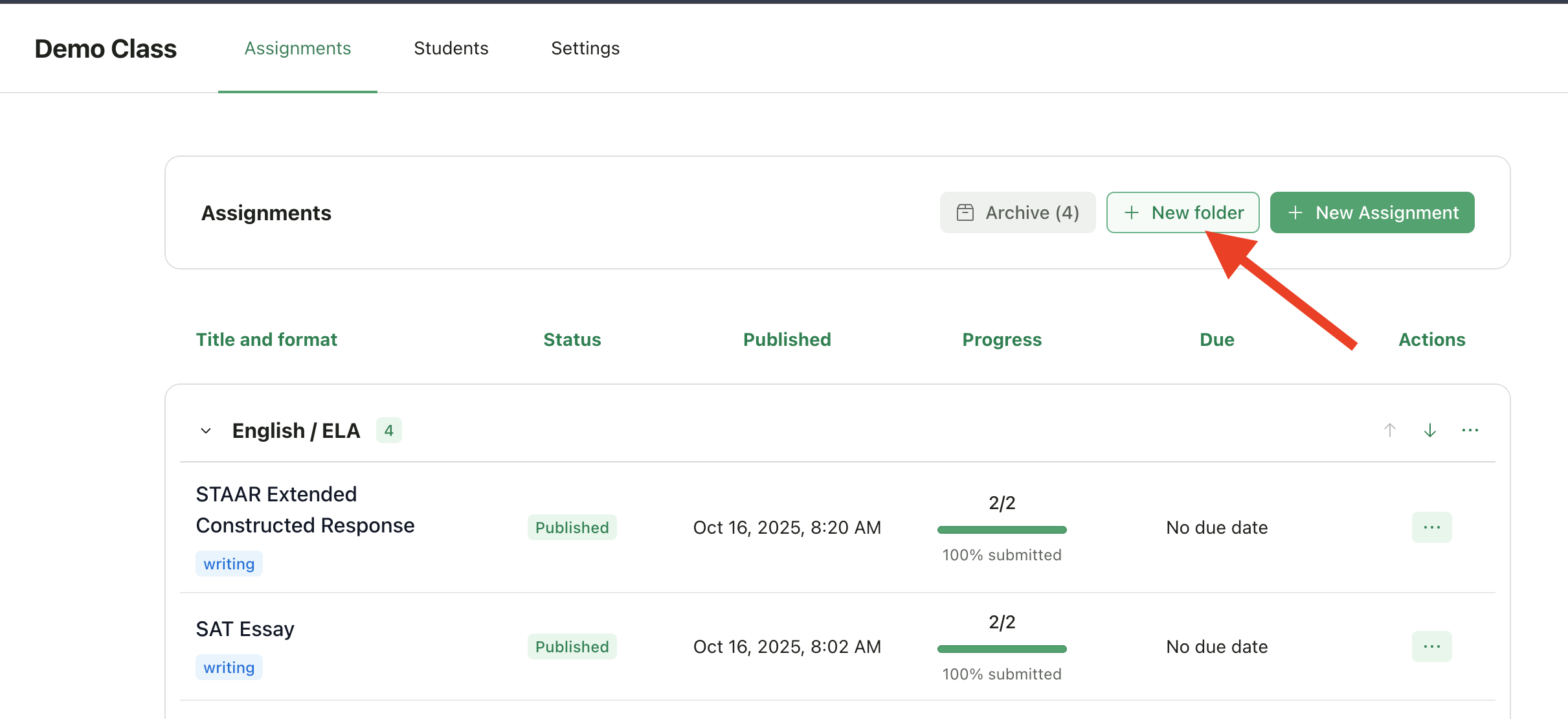 Assignments header with New folder button