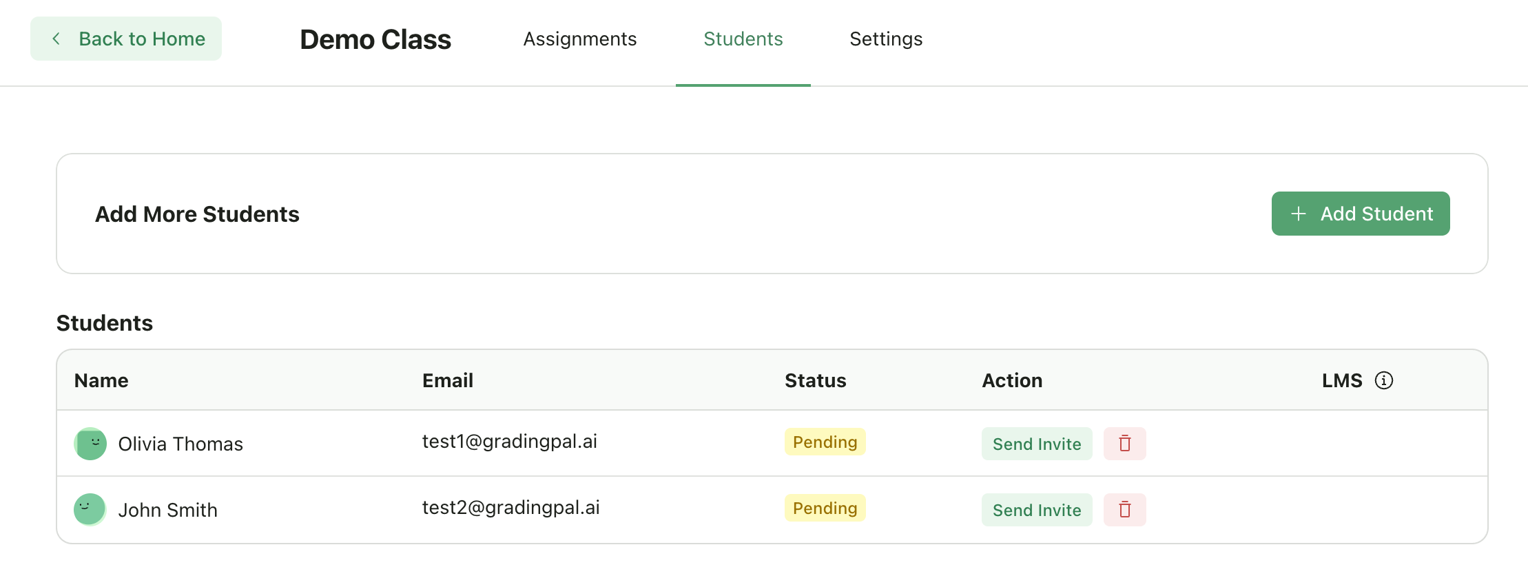 Student roster table in class view
